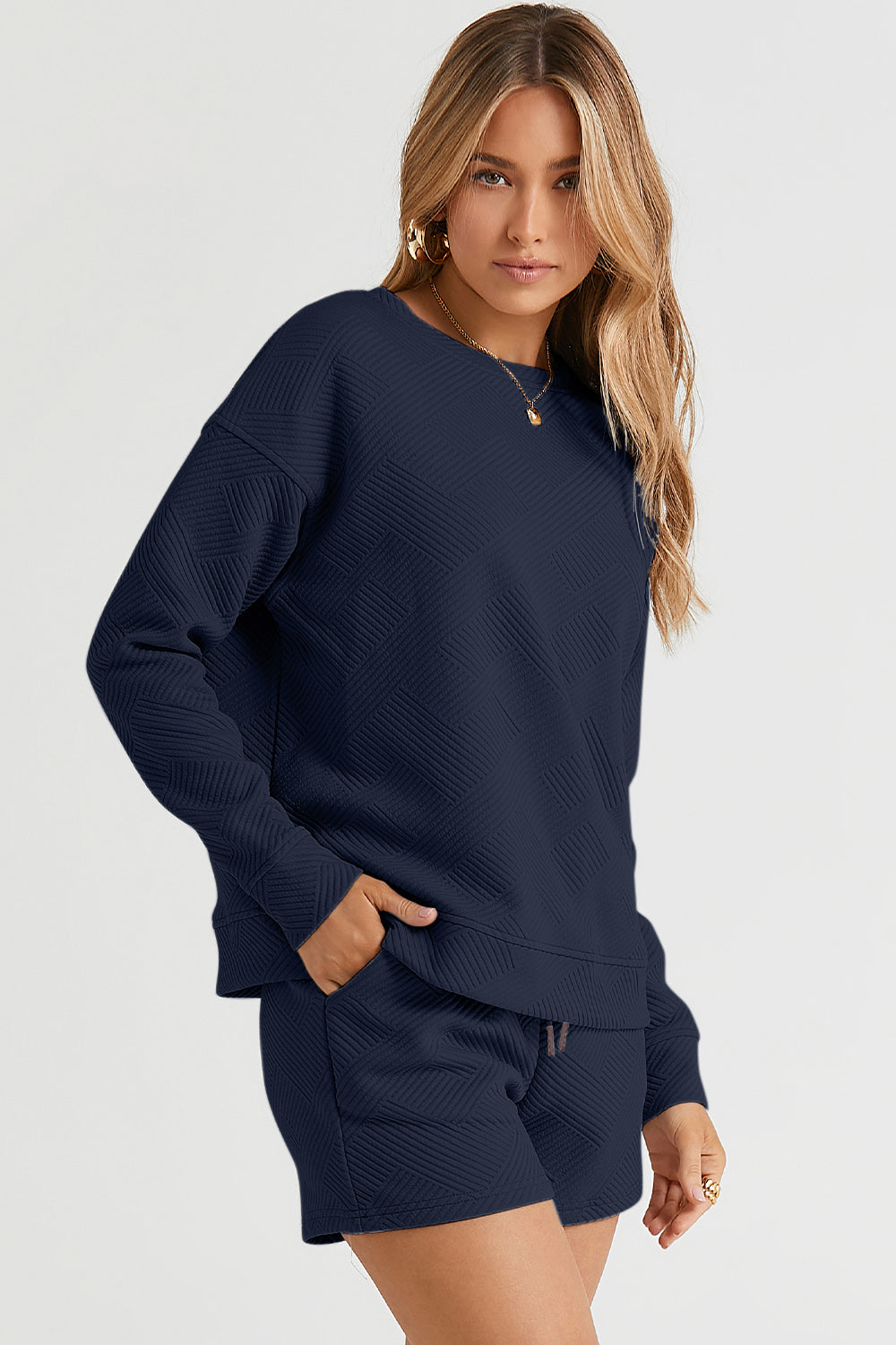 Double Take Textured Long Sleeve Shorts Set