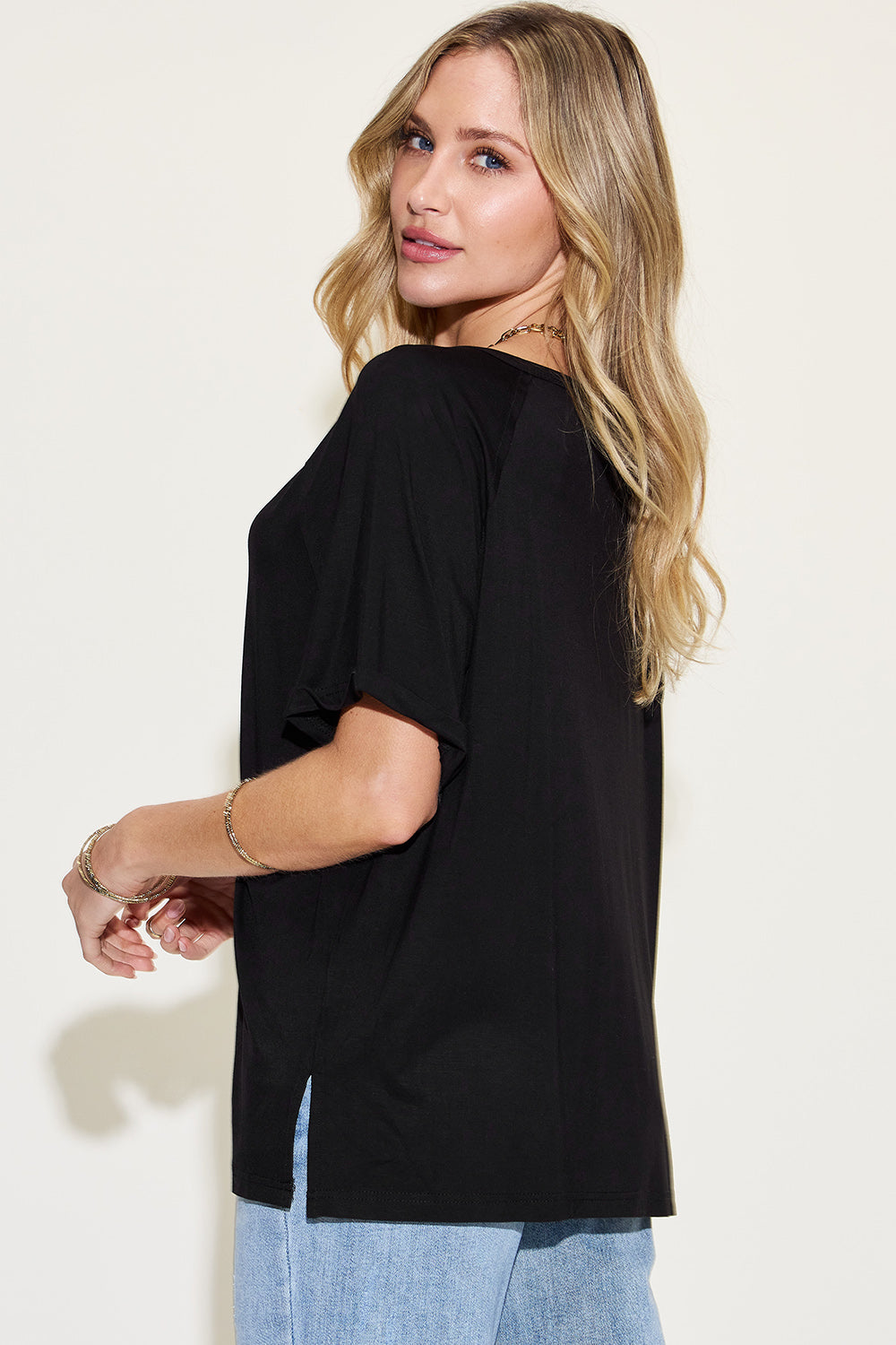 Full Size Bamboo Slit V-Neck Short Sleeve Tee
