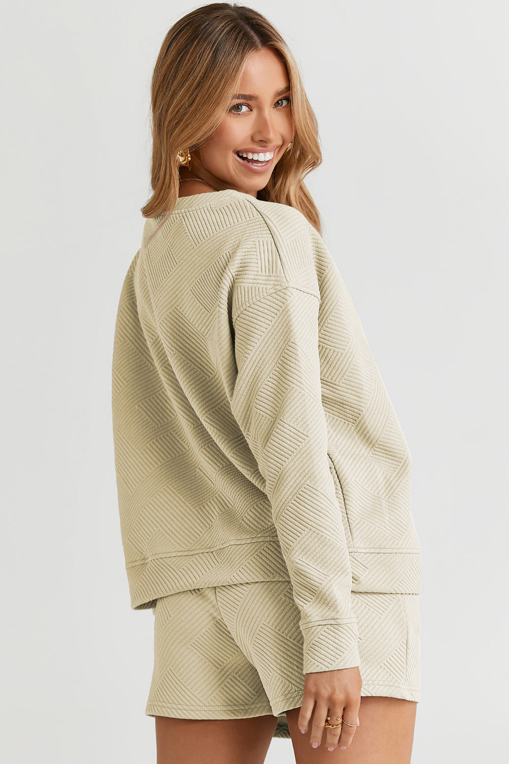 Double Take Textured Long Sleeve Shorts Set
