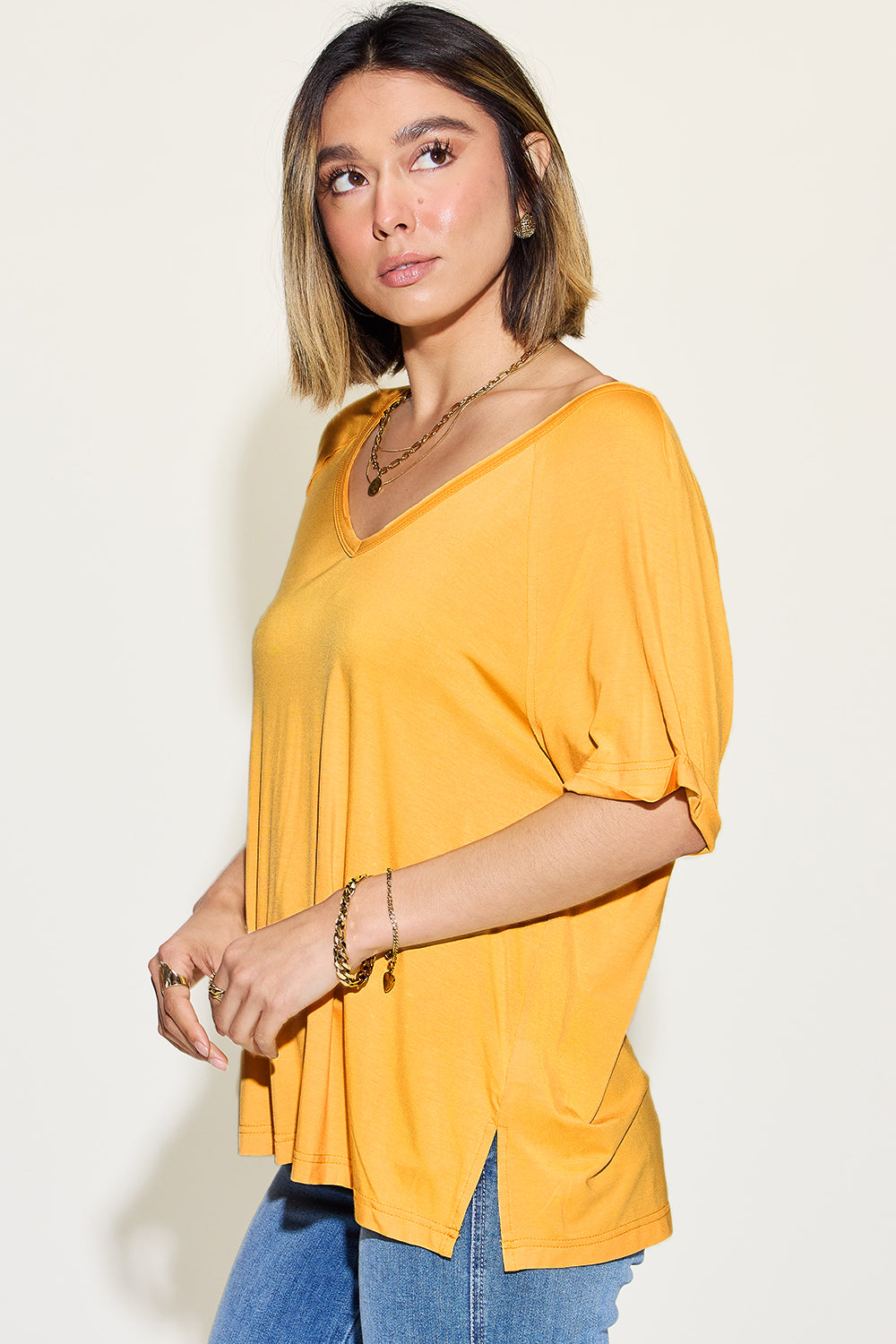Full Size Bamboo Slit V-Neck Short Sleeve Tee