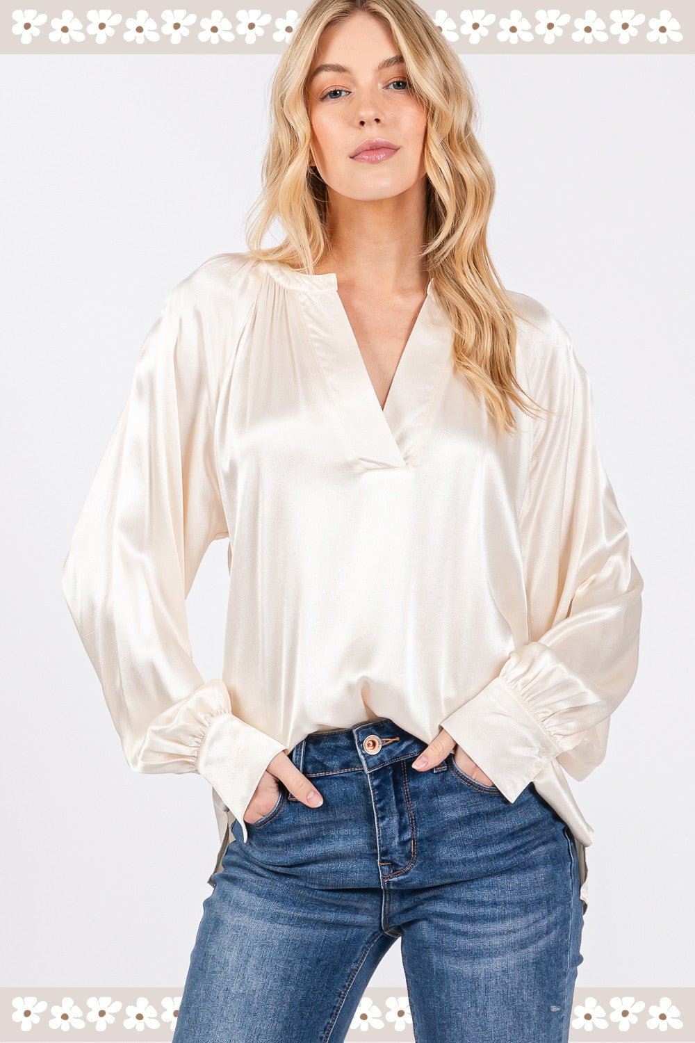 Notched Long Sleeve Satin Blouse