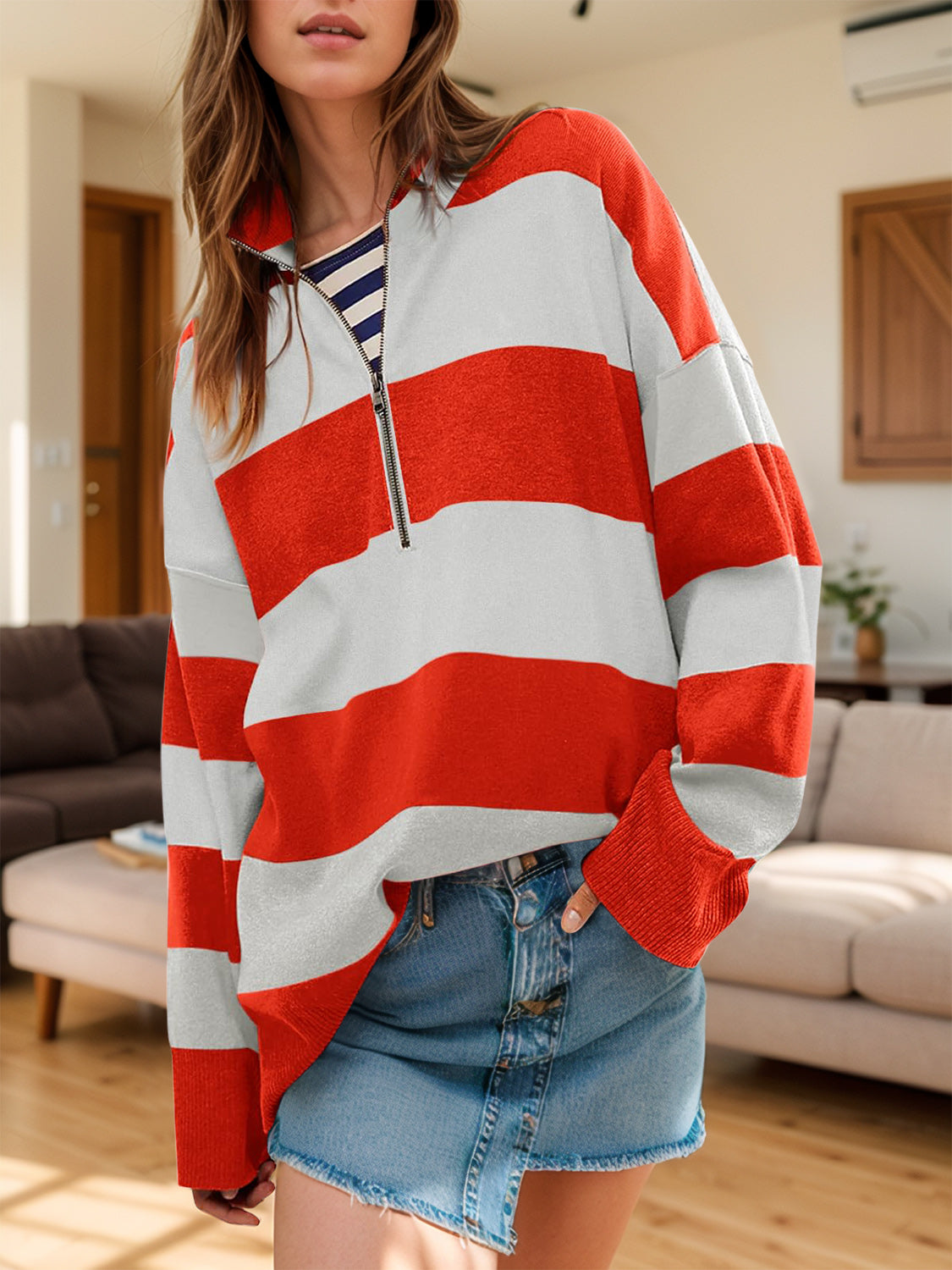 The Lux Half Zip Striped Sweater
