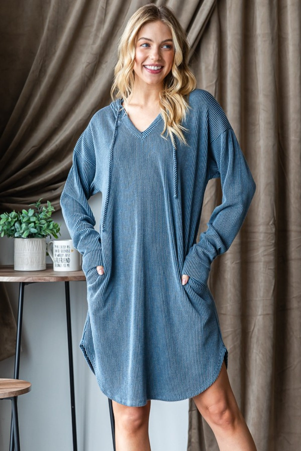 Ribbed Long Sleeve Hoodie Dress