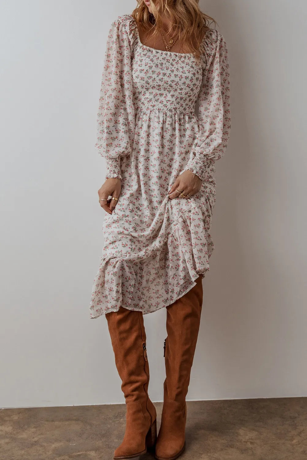 The Indigo Smocked Floral Long Sleeve Midi Dress