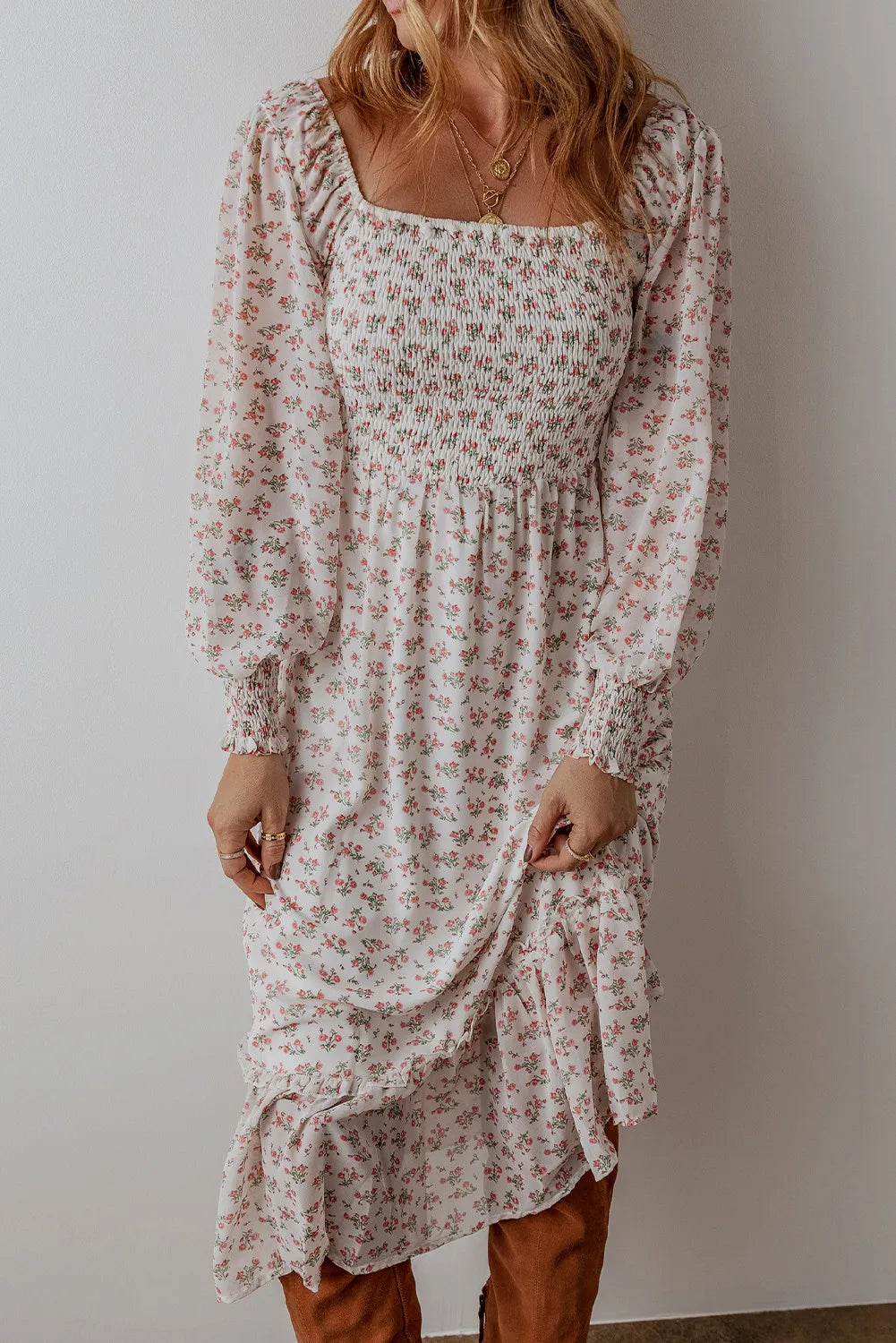 The Indigo Smocked Floral Long Sleeve Midi Dress