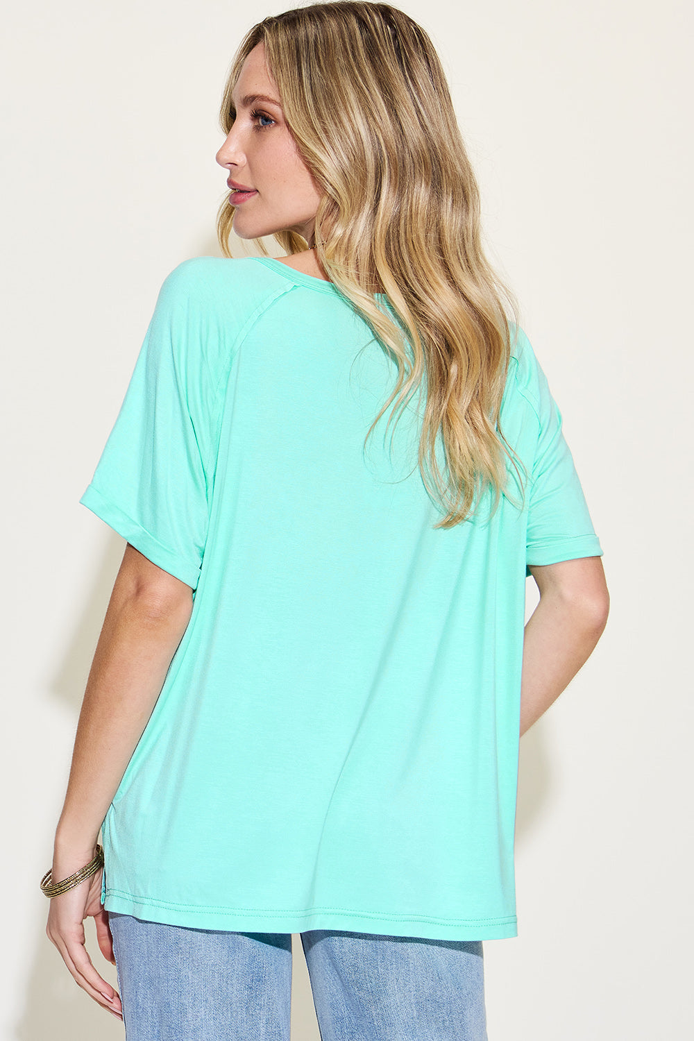 Full Size Bamboo Slit V-Neck Short Sleeve Tee