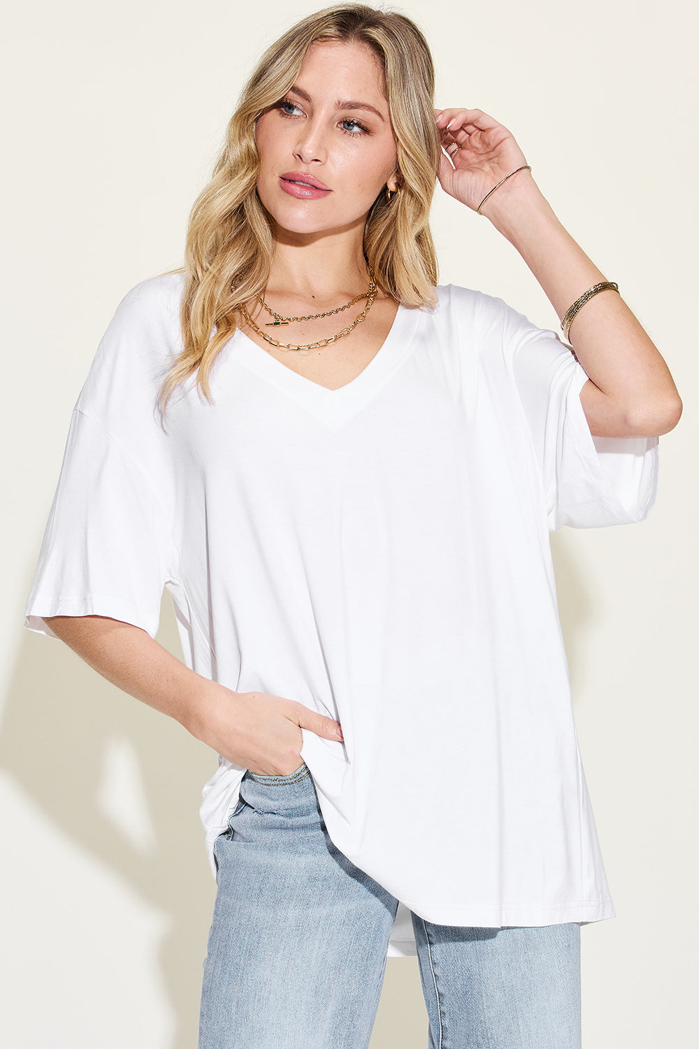 Basic Bae Full Size Bamboo V-Neck Oversized Tee