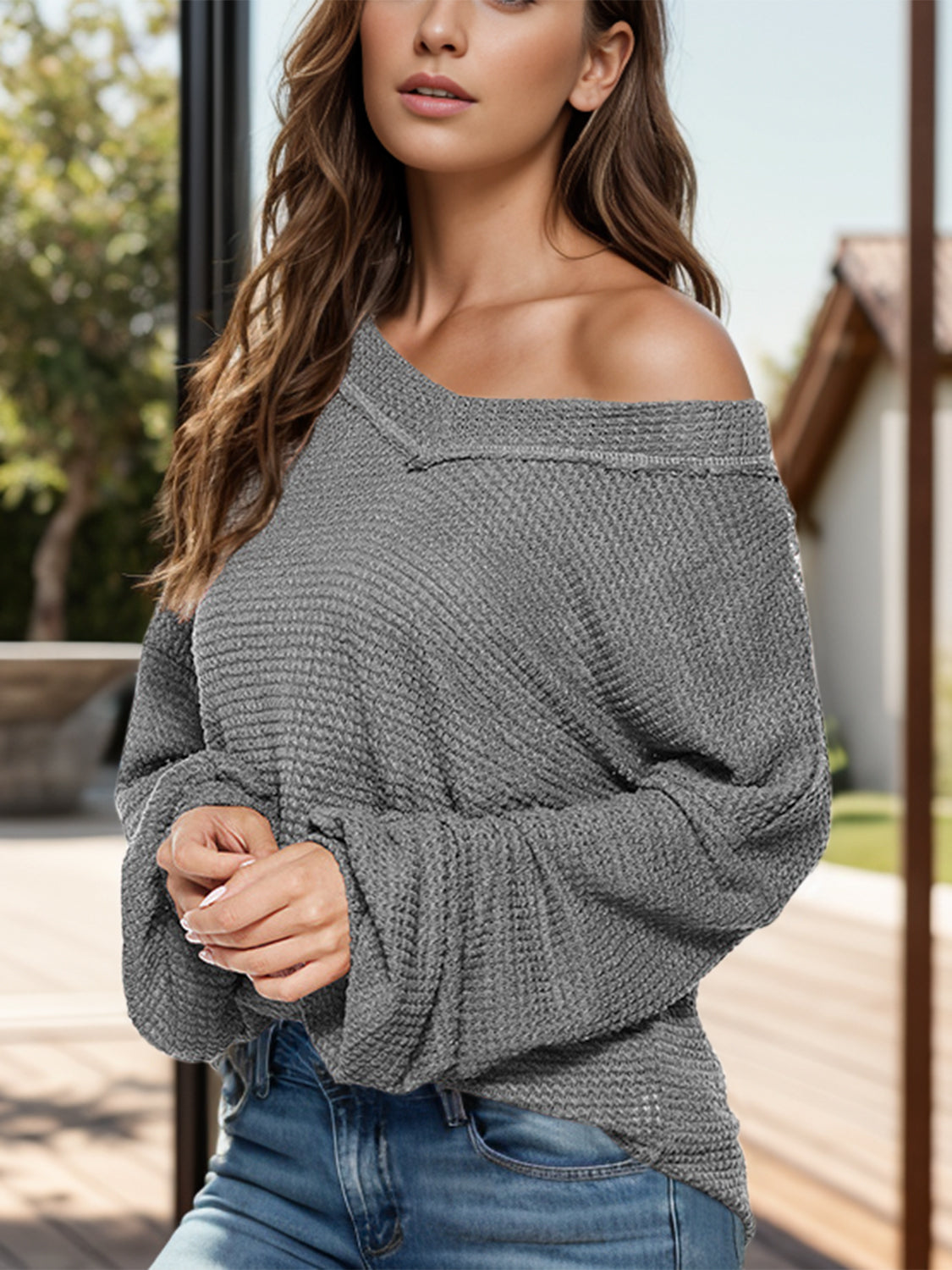 The Anything but Basic Waffle Knit Balloon Sleeve Top