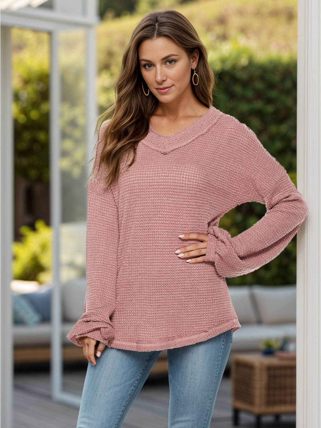 The Anything but Basic Waffle Knit Balloon Sleeve Top