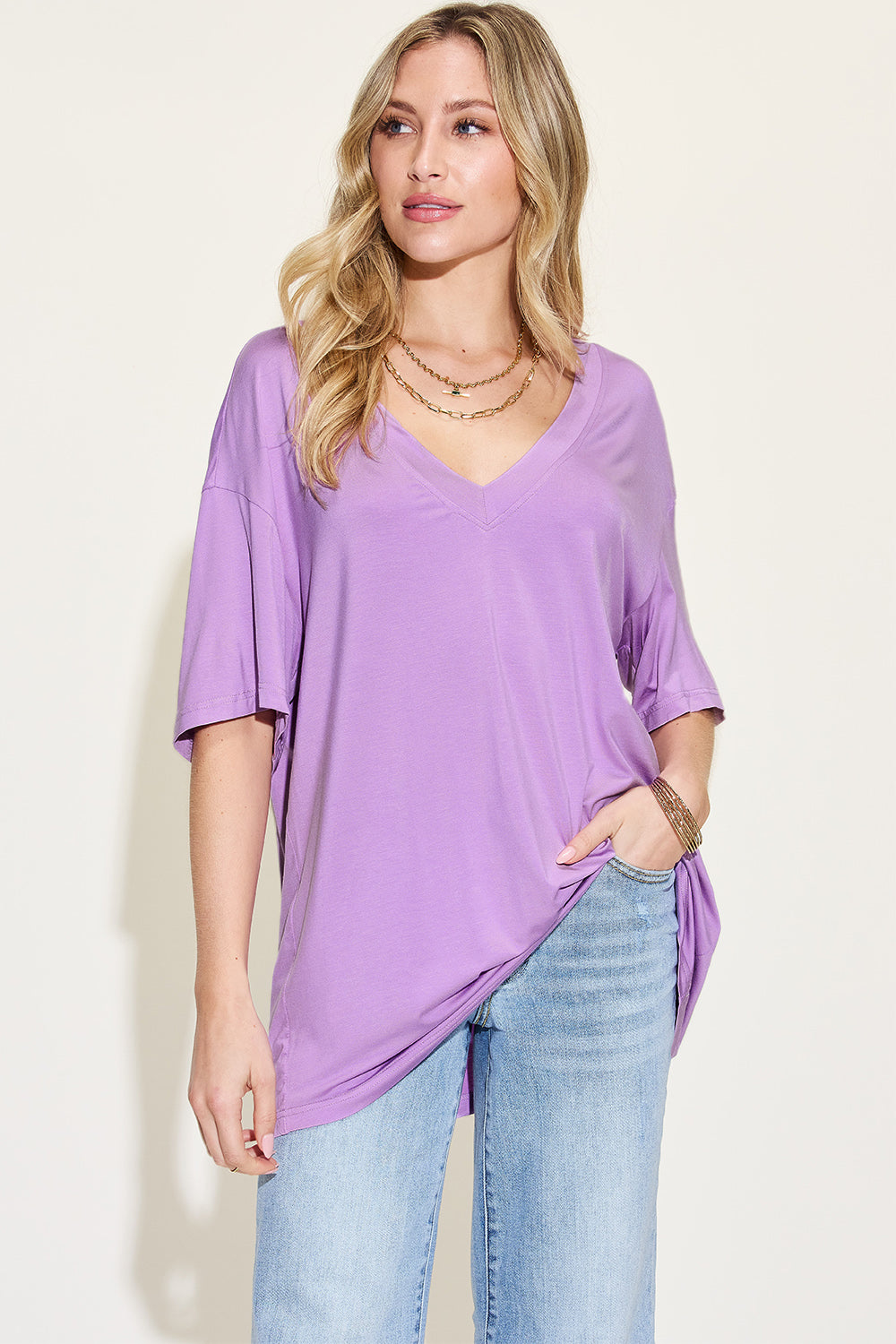 Basic Bae Full Size Bamboo V-Neck Oversized Tee