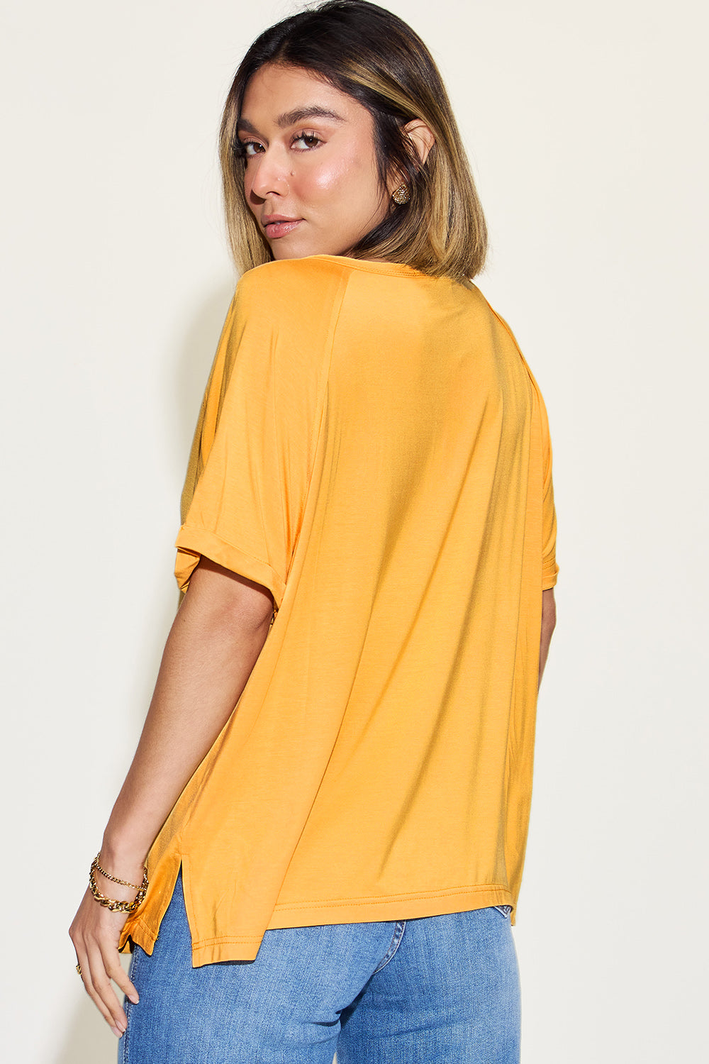 Full Size Bamboo Slit V-Neck Short Sleeve Tee