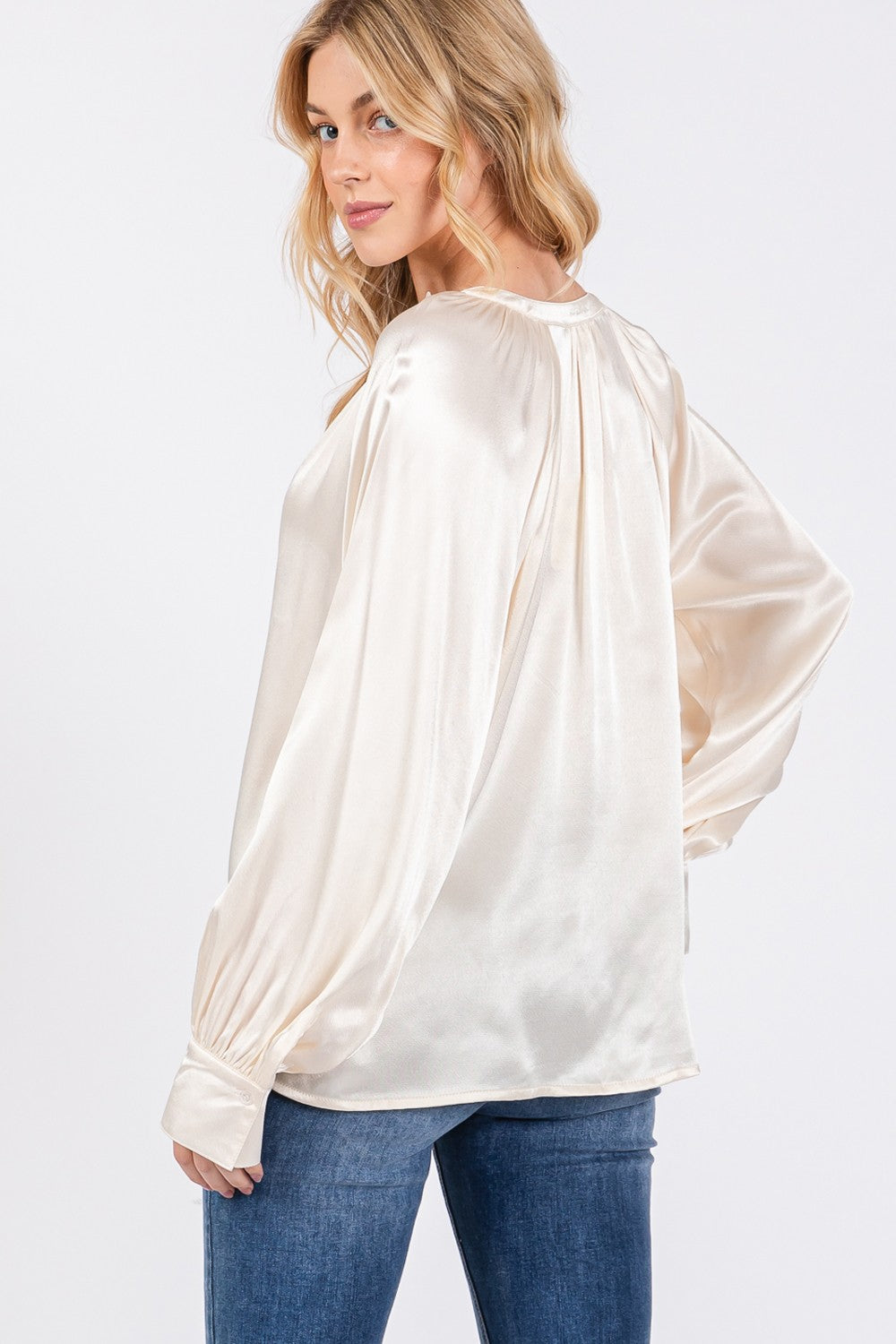 Notched Long Sleeve Satin Blouse