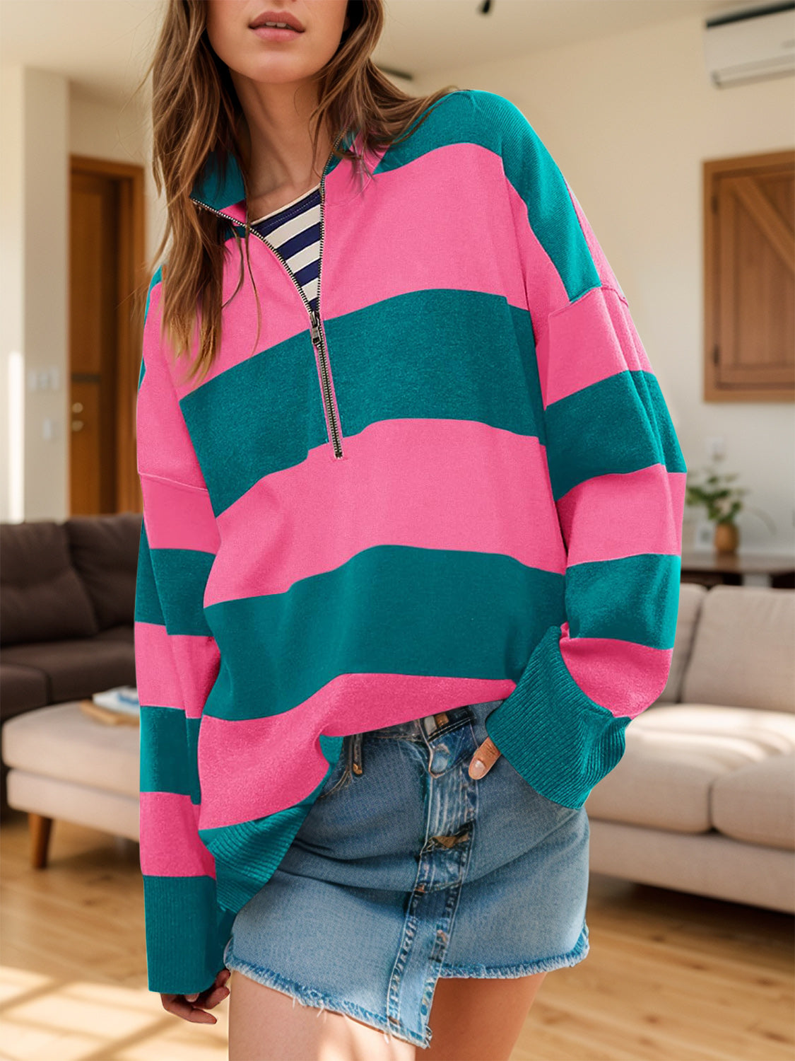 The Lux Half Zip Striped Sweater