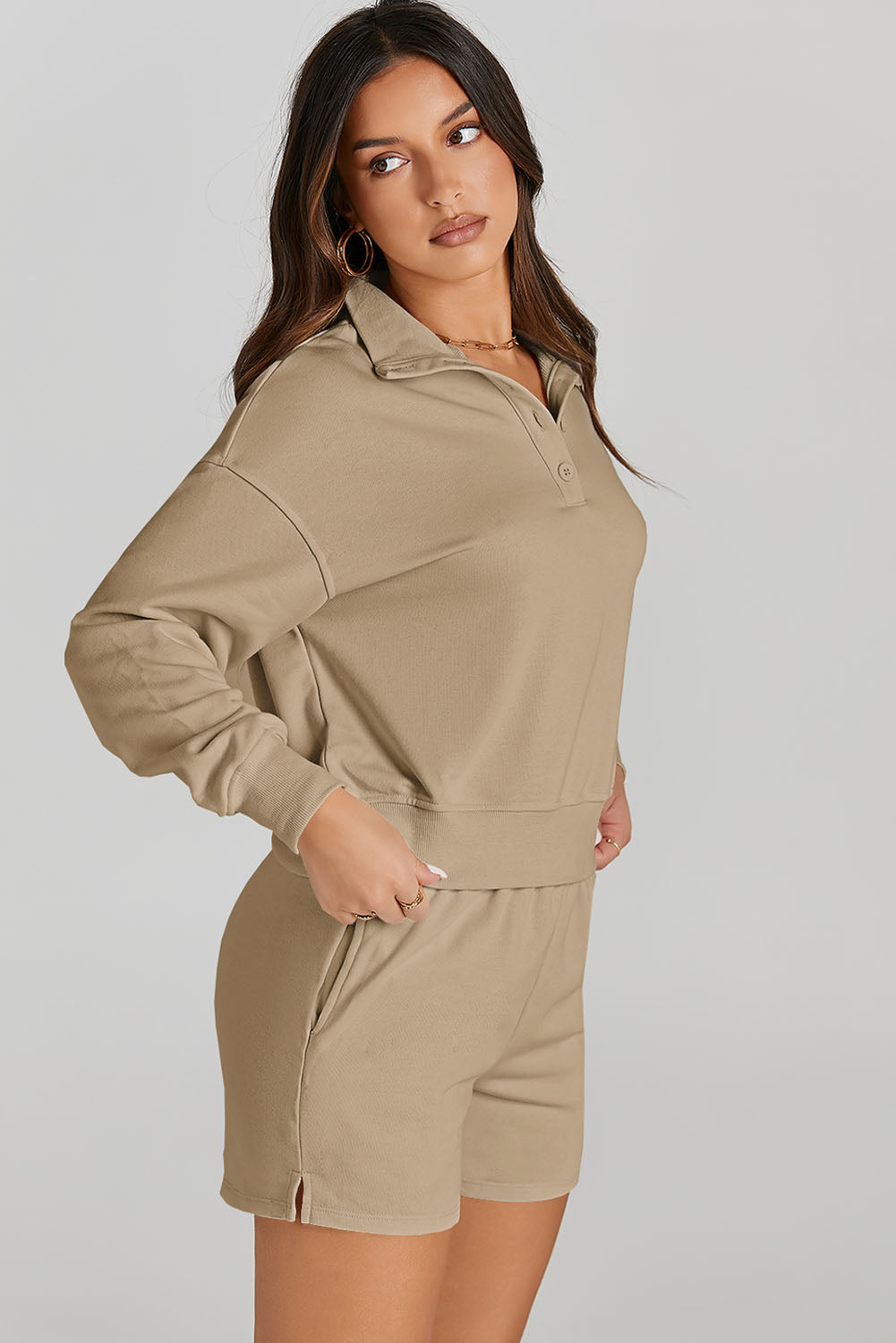 Half Button Sweatshirt and Shorts Lounge Set