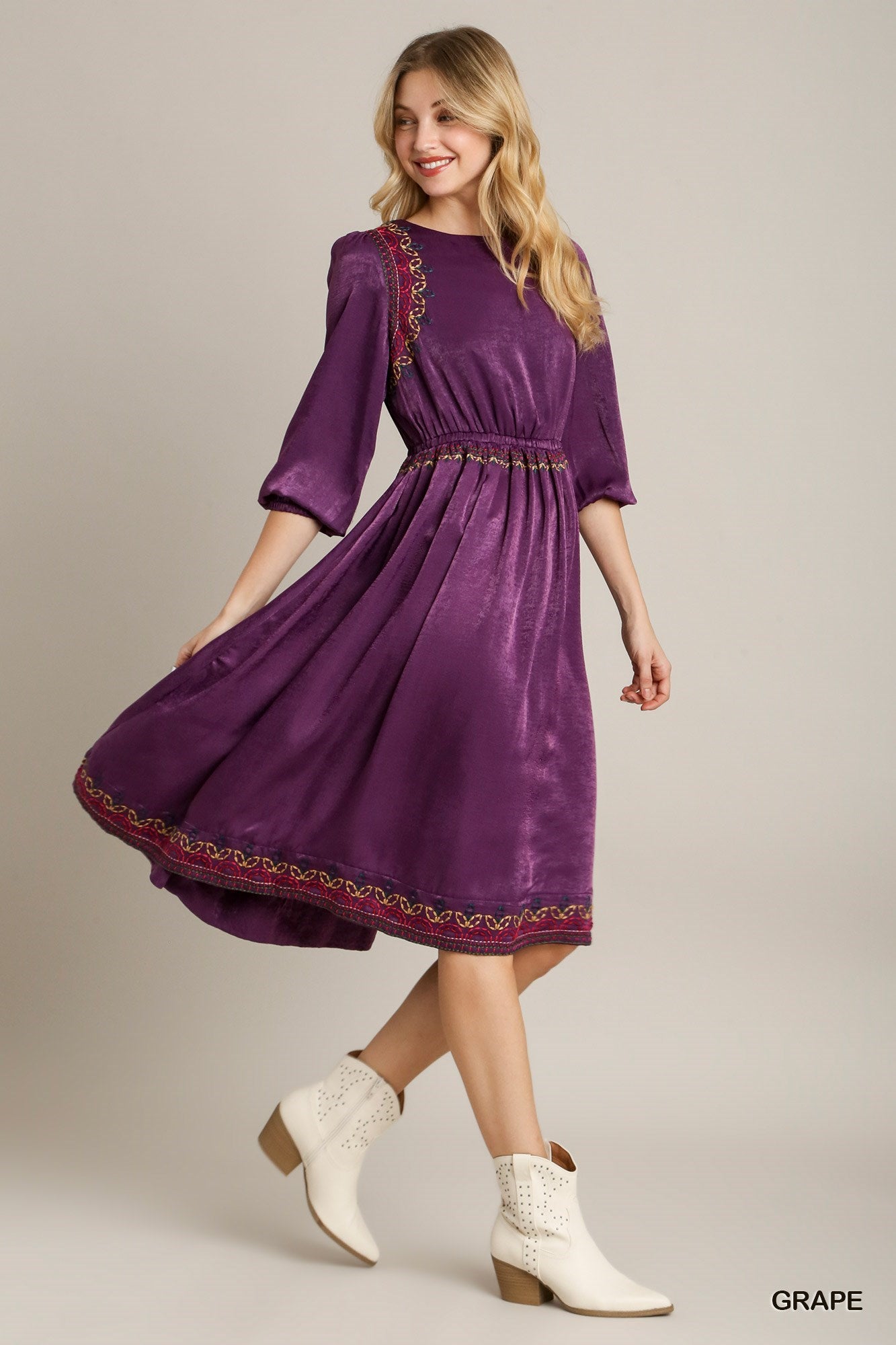 NEW! Satin Embroidery Midi Dress