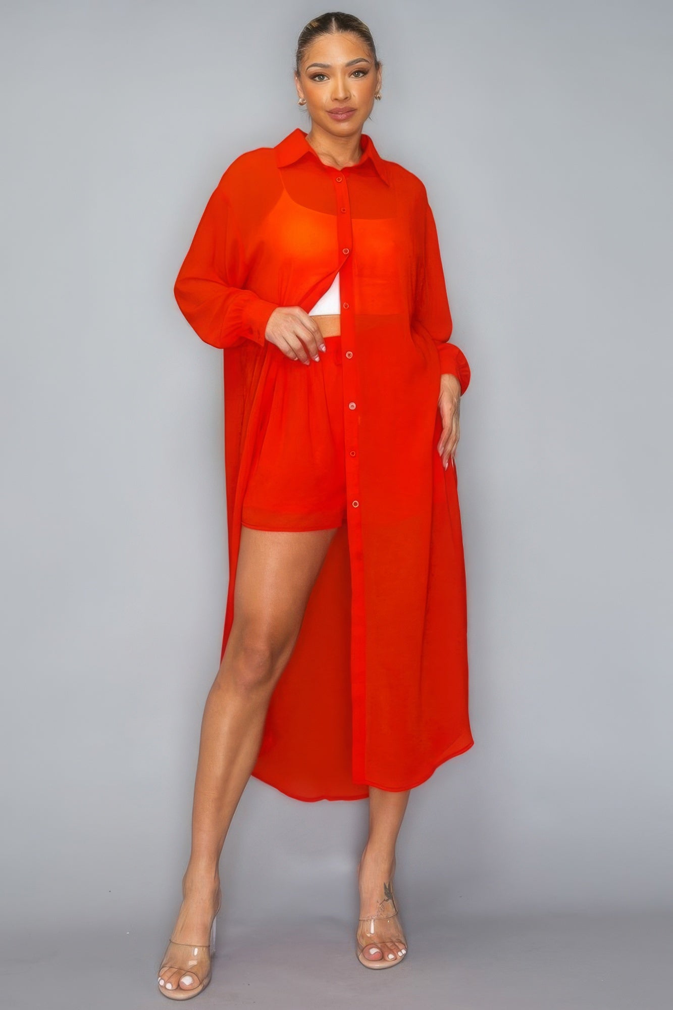 Chiffon Long Sleeve Side Slit Long Top With Short Set
