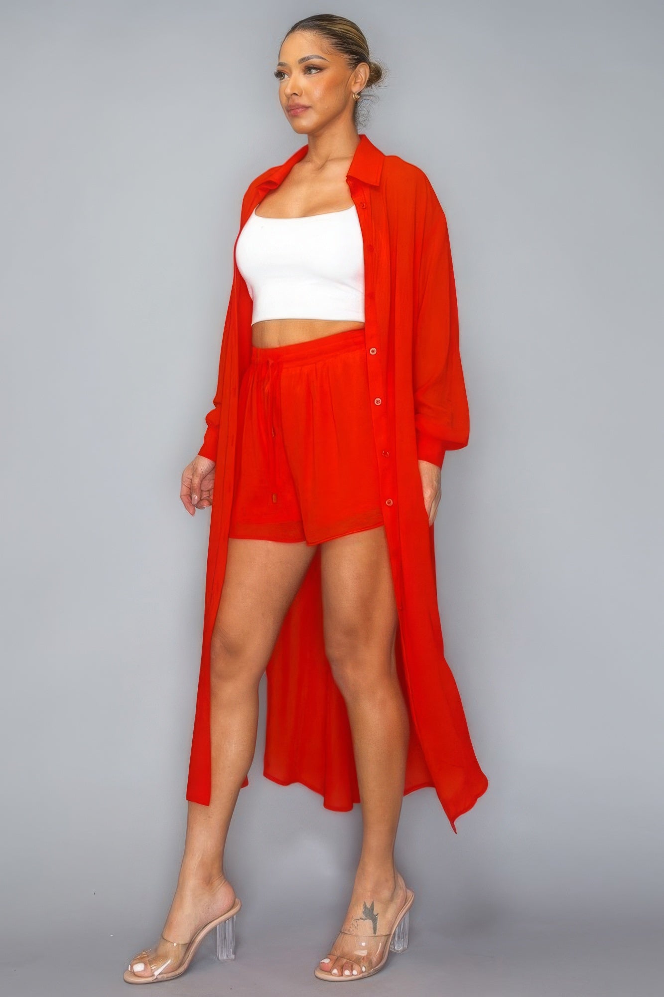 Chiffon Long Sleeve Side Slit Long Top With Short Set