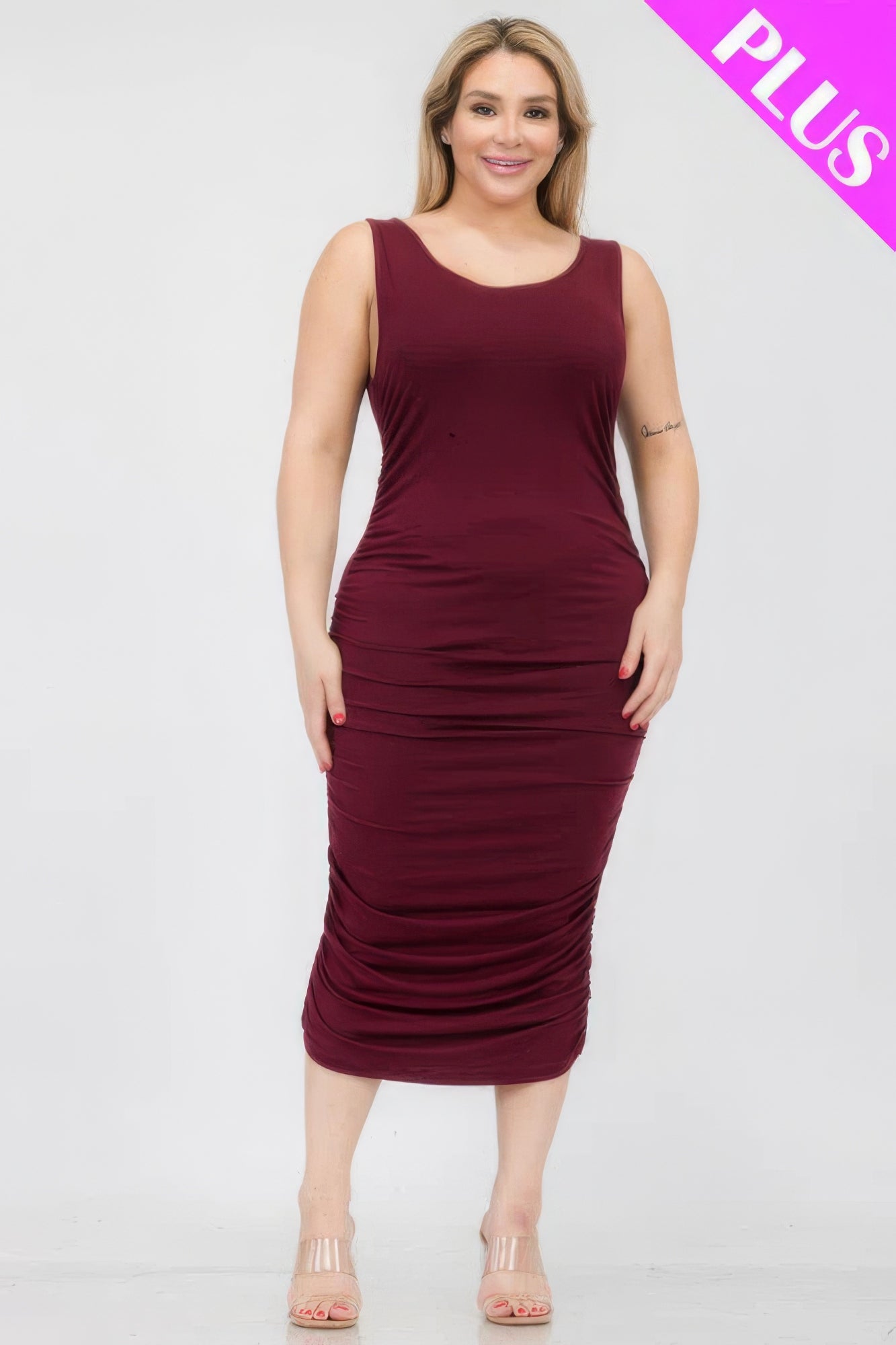 Solid Ruched Bodycon Midi Dress
