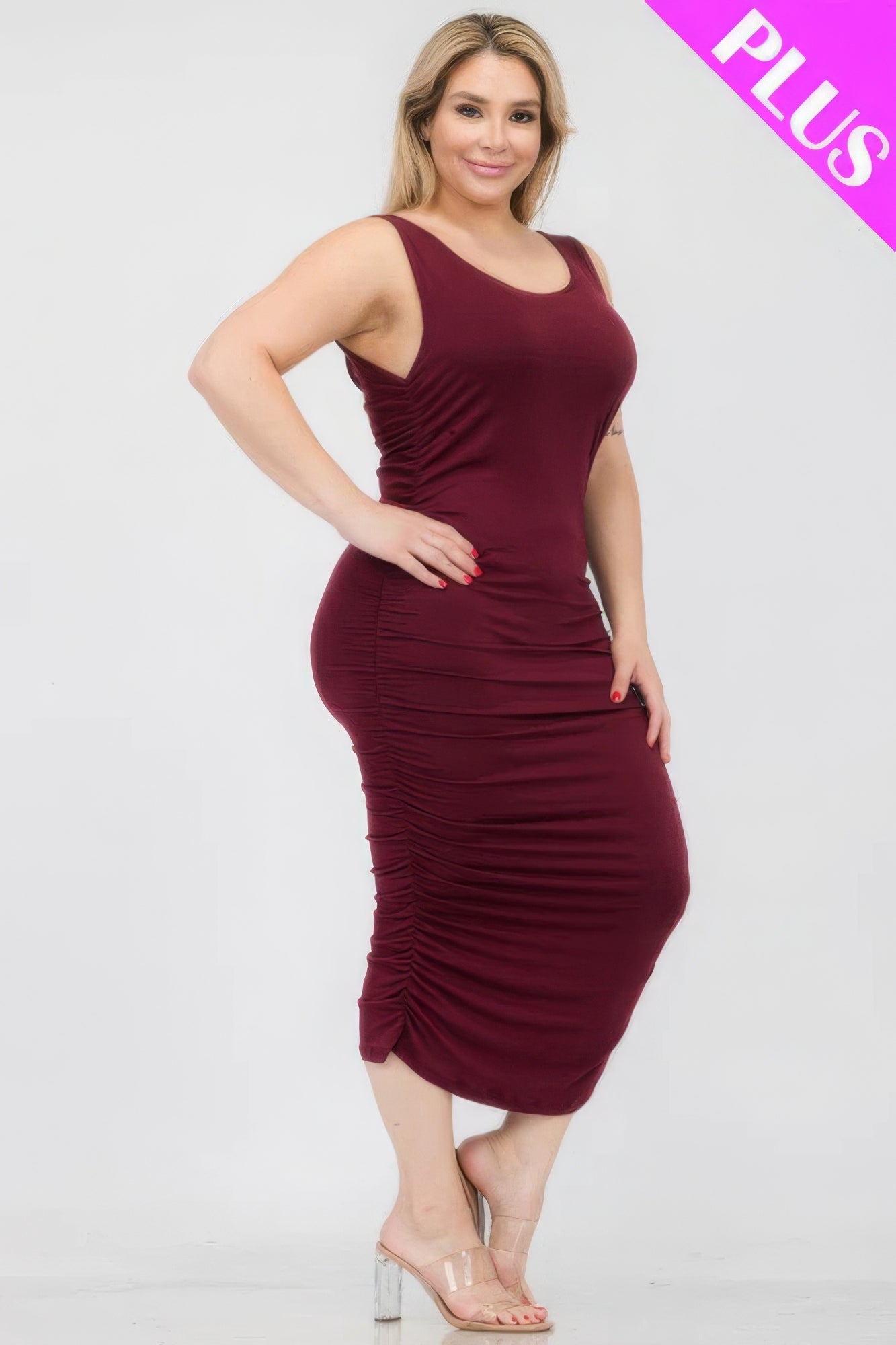 Solid Ruched Bodycon Midi Dress