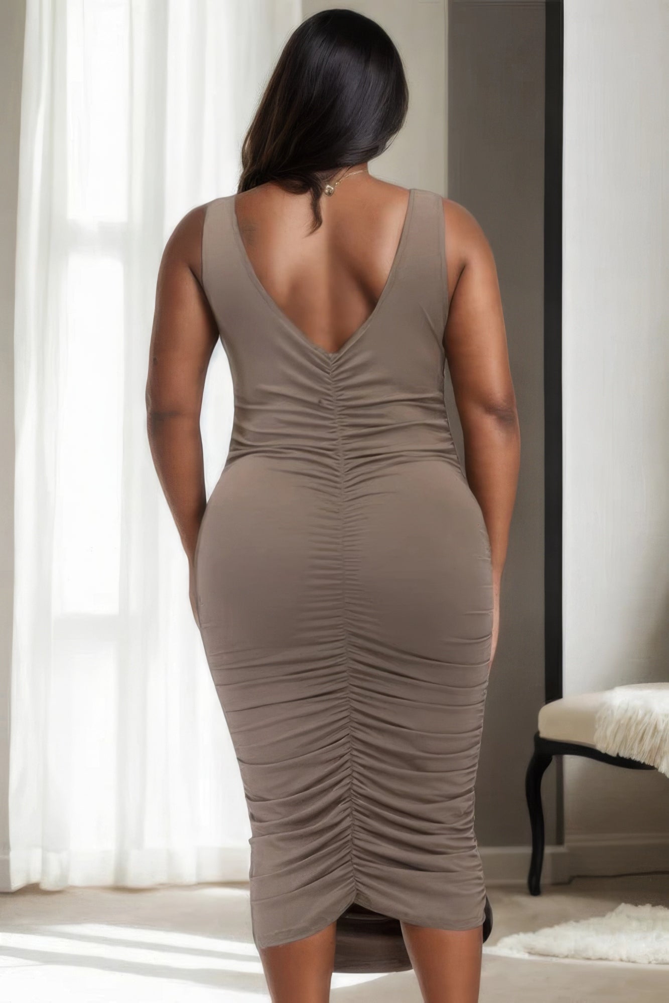 Solid Ruched Bodycon Midi Dress