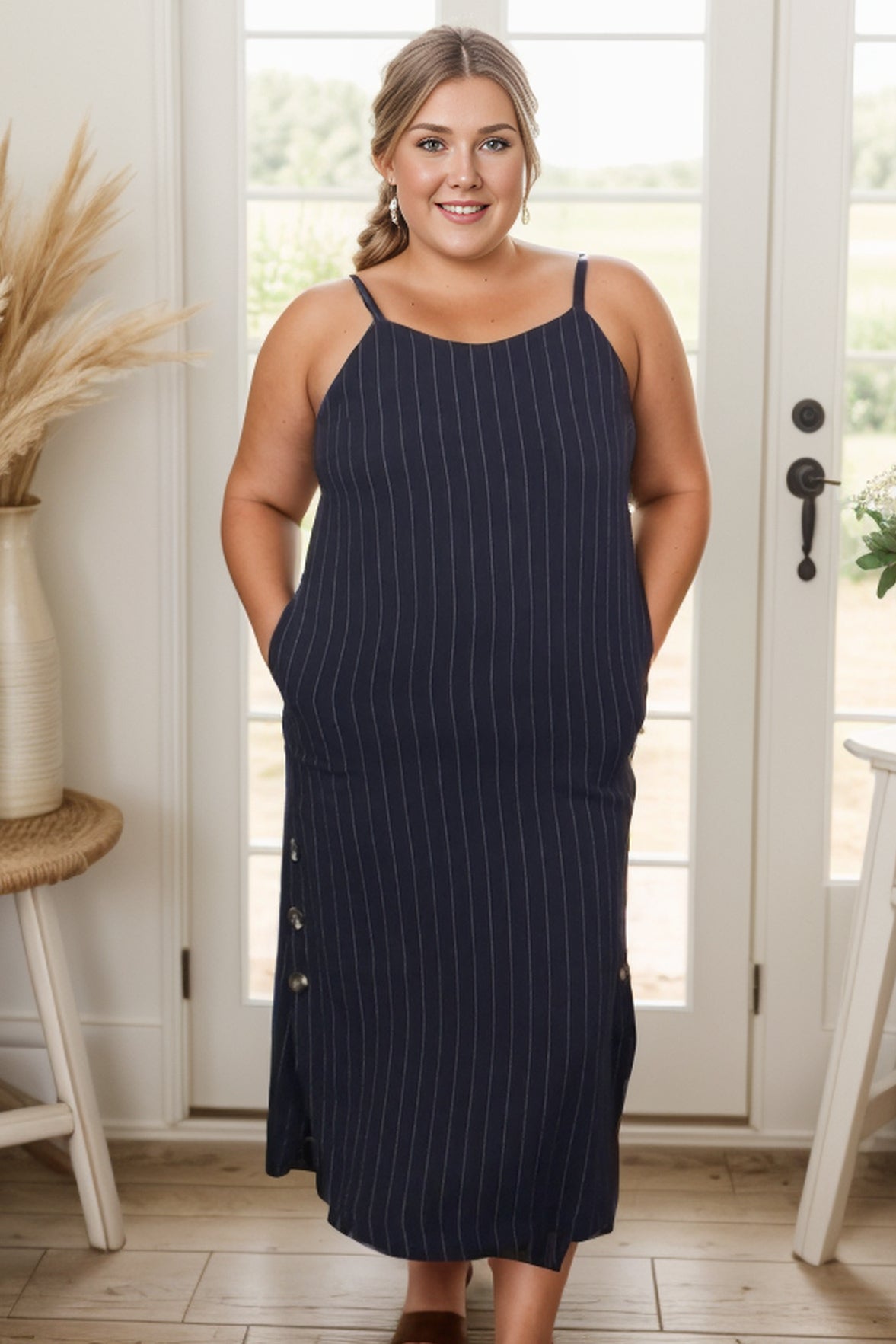 NEW! Pinstriped Navy Dress