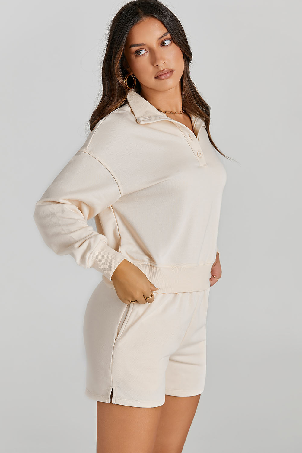Half Button Sweatshirt and Shorts Lounge Set
