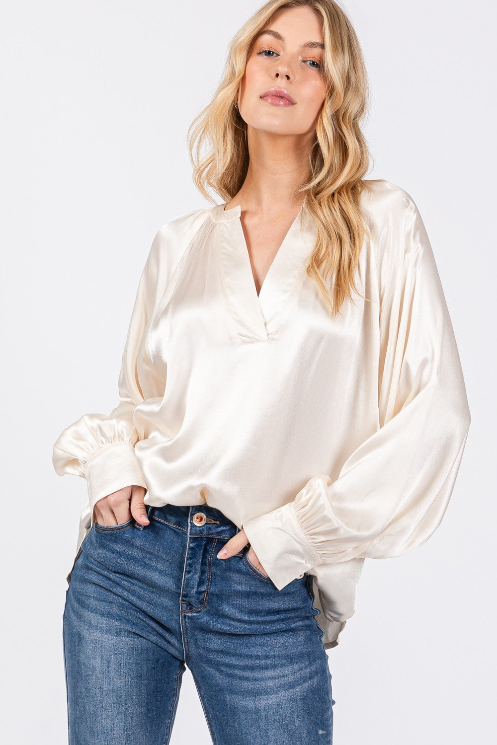 Notched Long Sleeve Satin Blouse