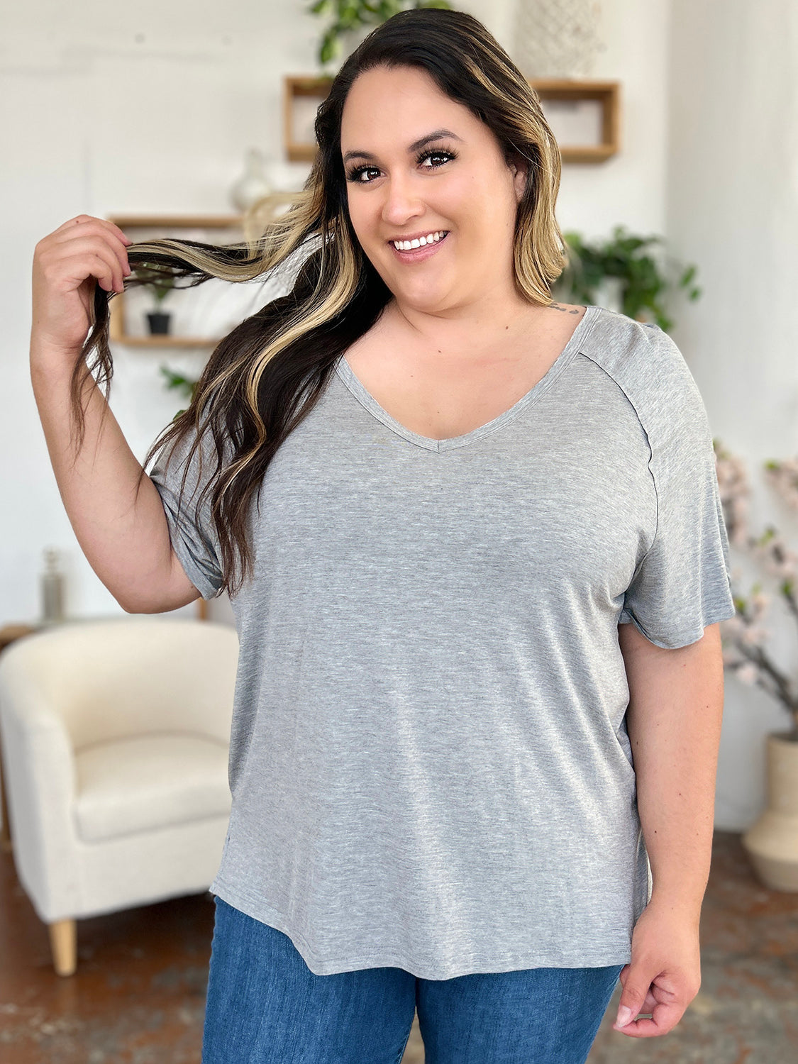 Full Size Bamboo Slit V-Neck Short Sleeve Tee