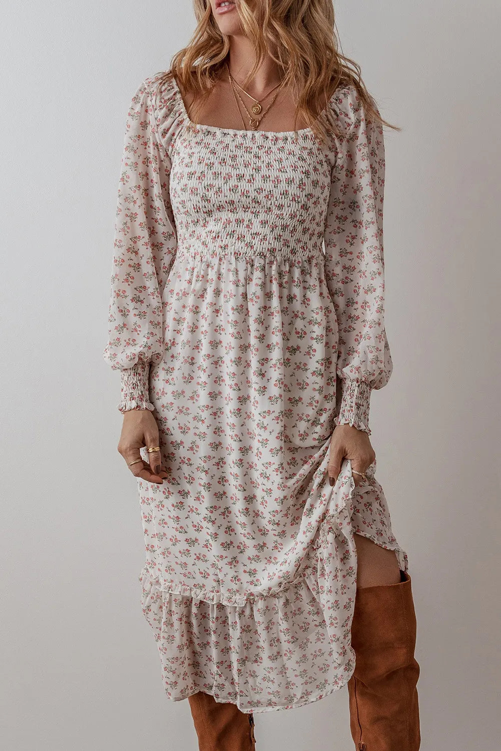 The Indigo Smocked Floral Long Sleeve Midi Dress