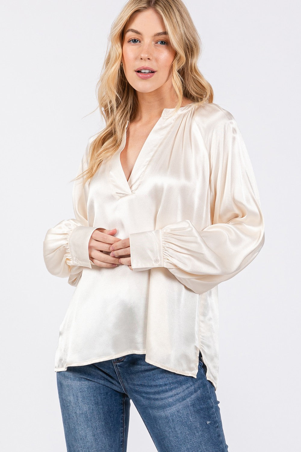 Notched Long Sleeve Satin Blouse