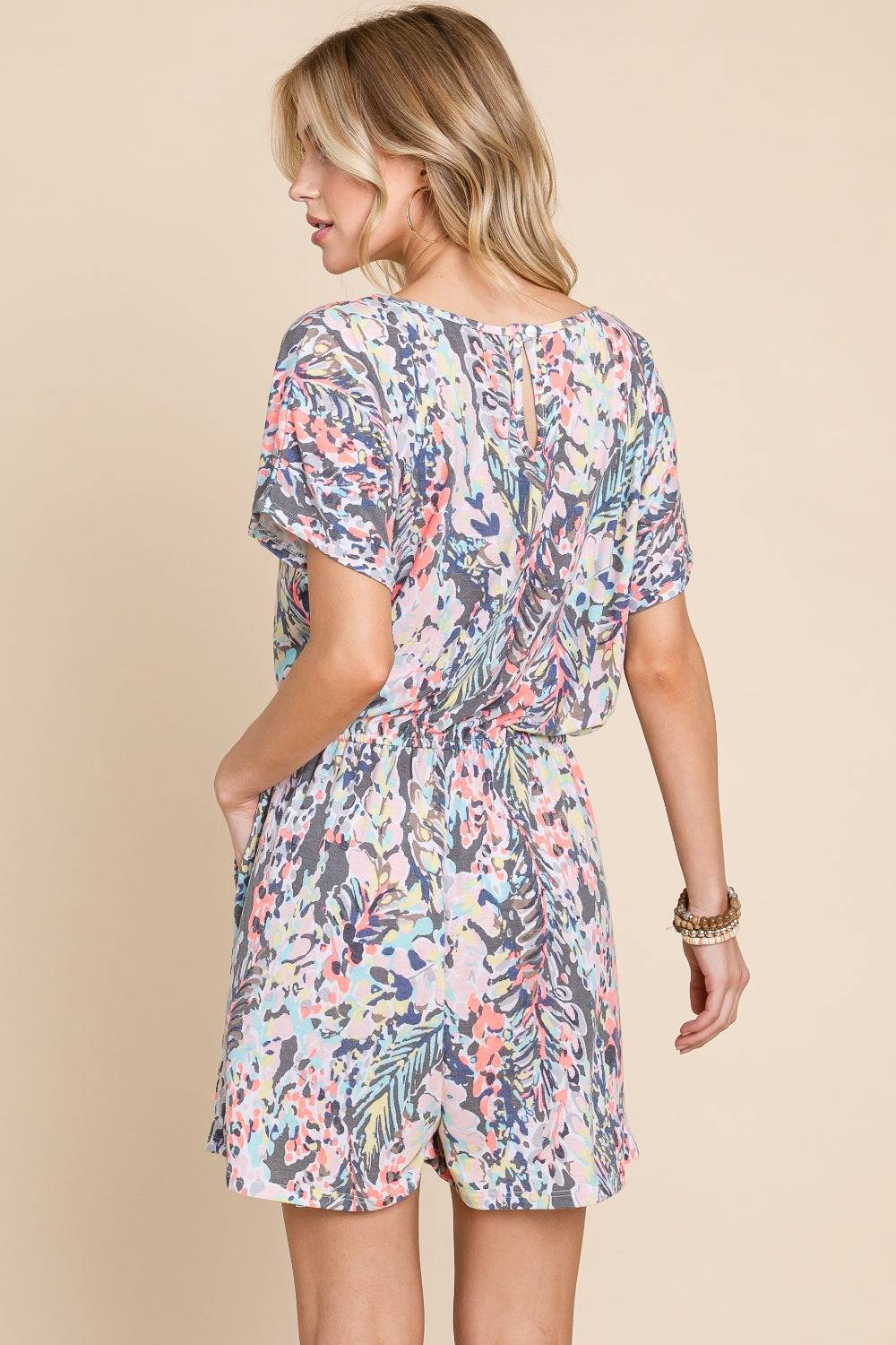 Floral Printed Short Sleeve Drawstring Romper