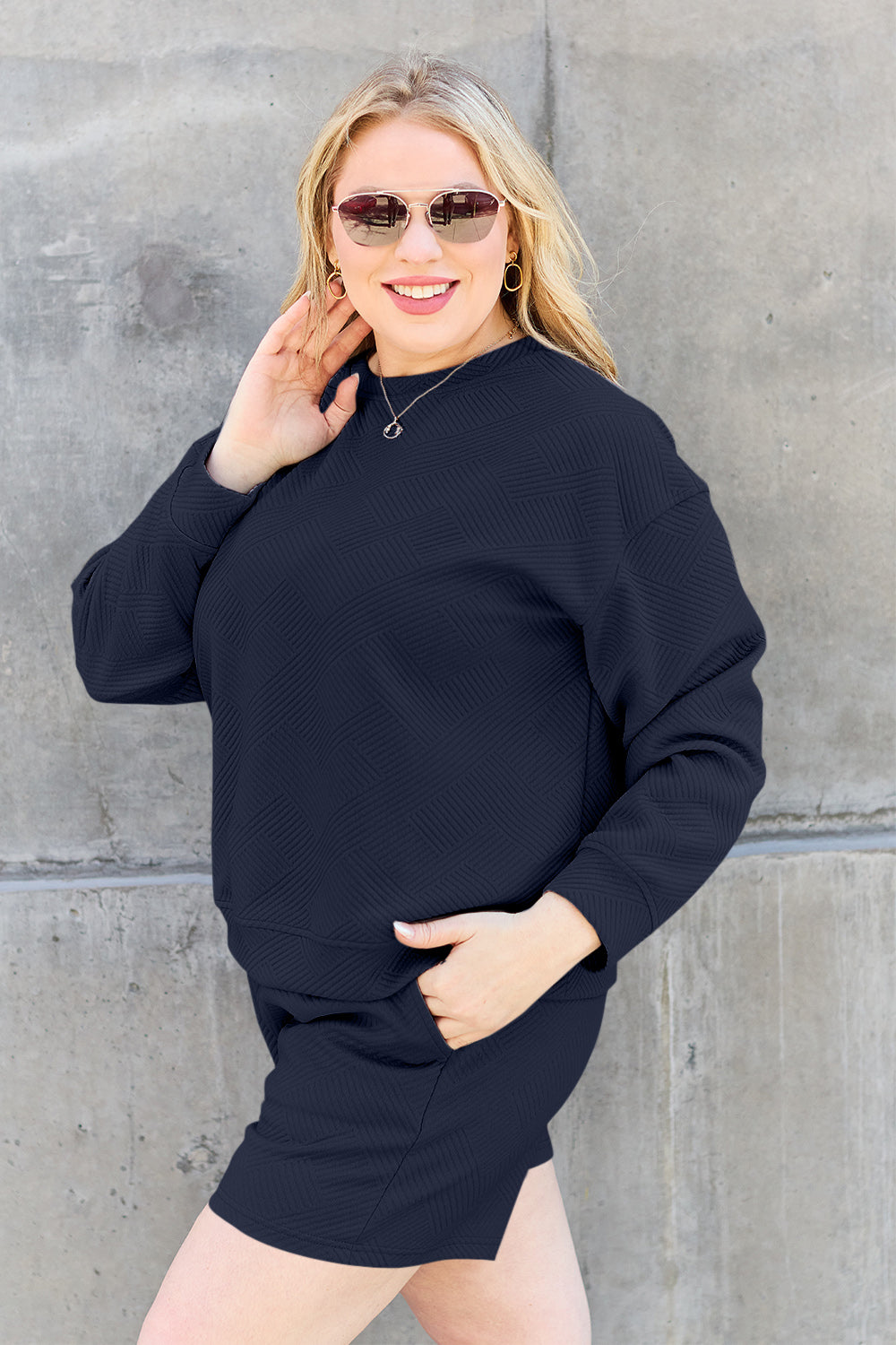 Double Take Textured Long Sleeve Shorts Set