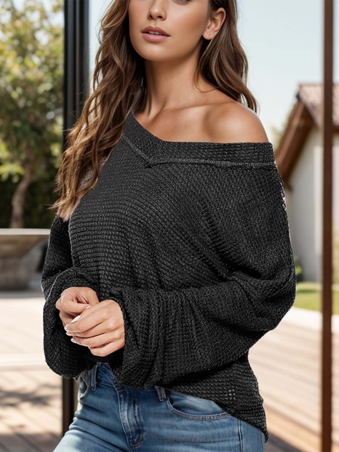 The Anything but Basic Waffle Knit Balloon Sleeve Top