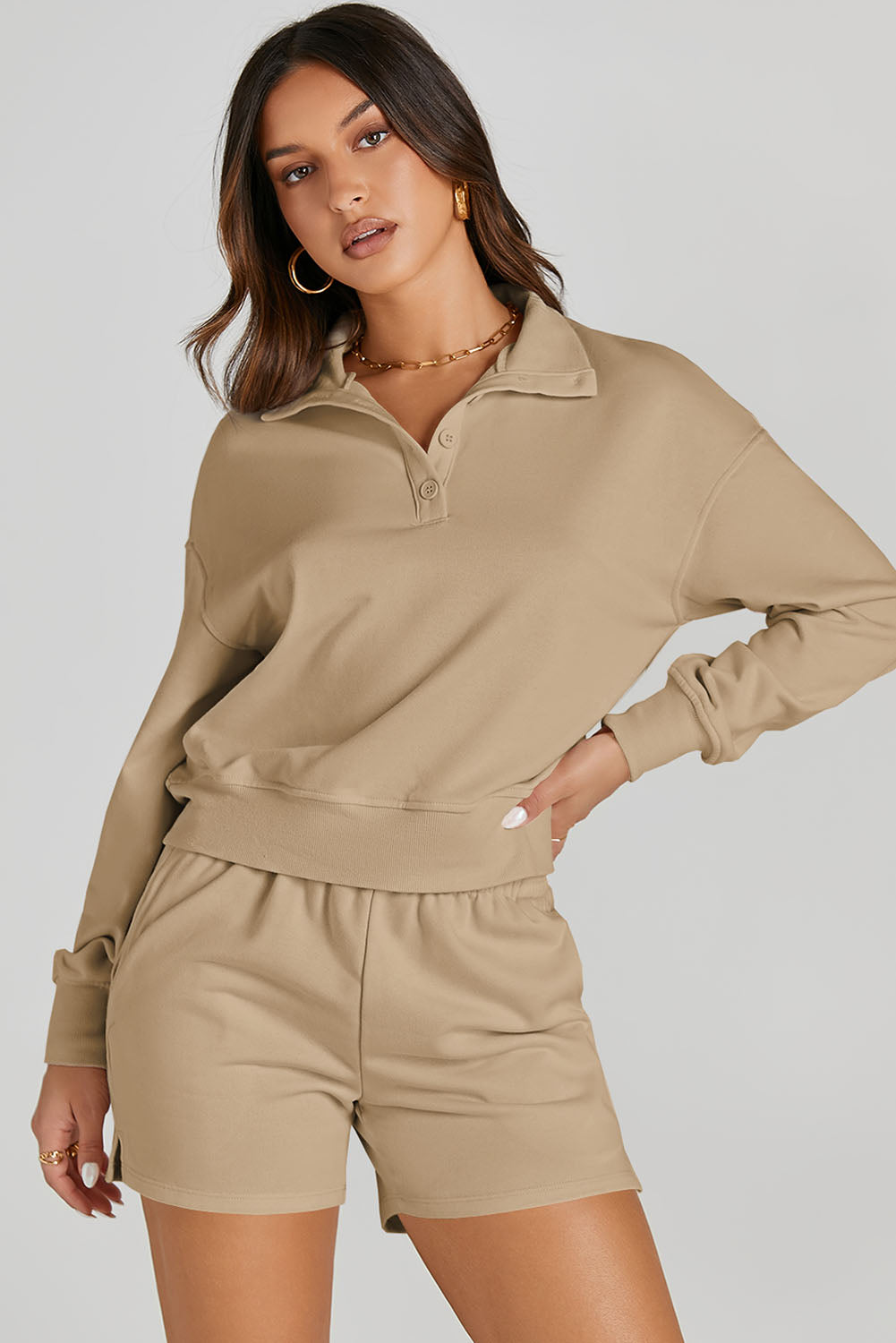 Half Button Sweatshirt and Shorts Lounge Set