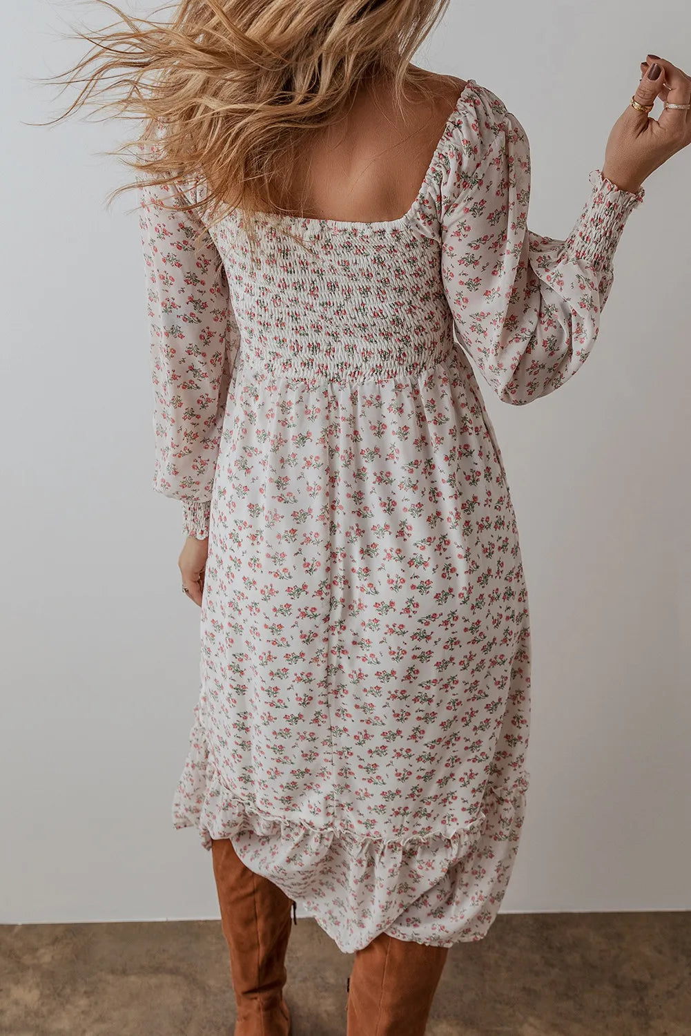 The Indigo Smocked Floral Long Sleeve Midi Dress