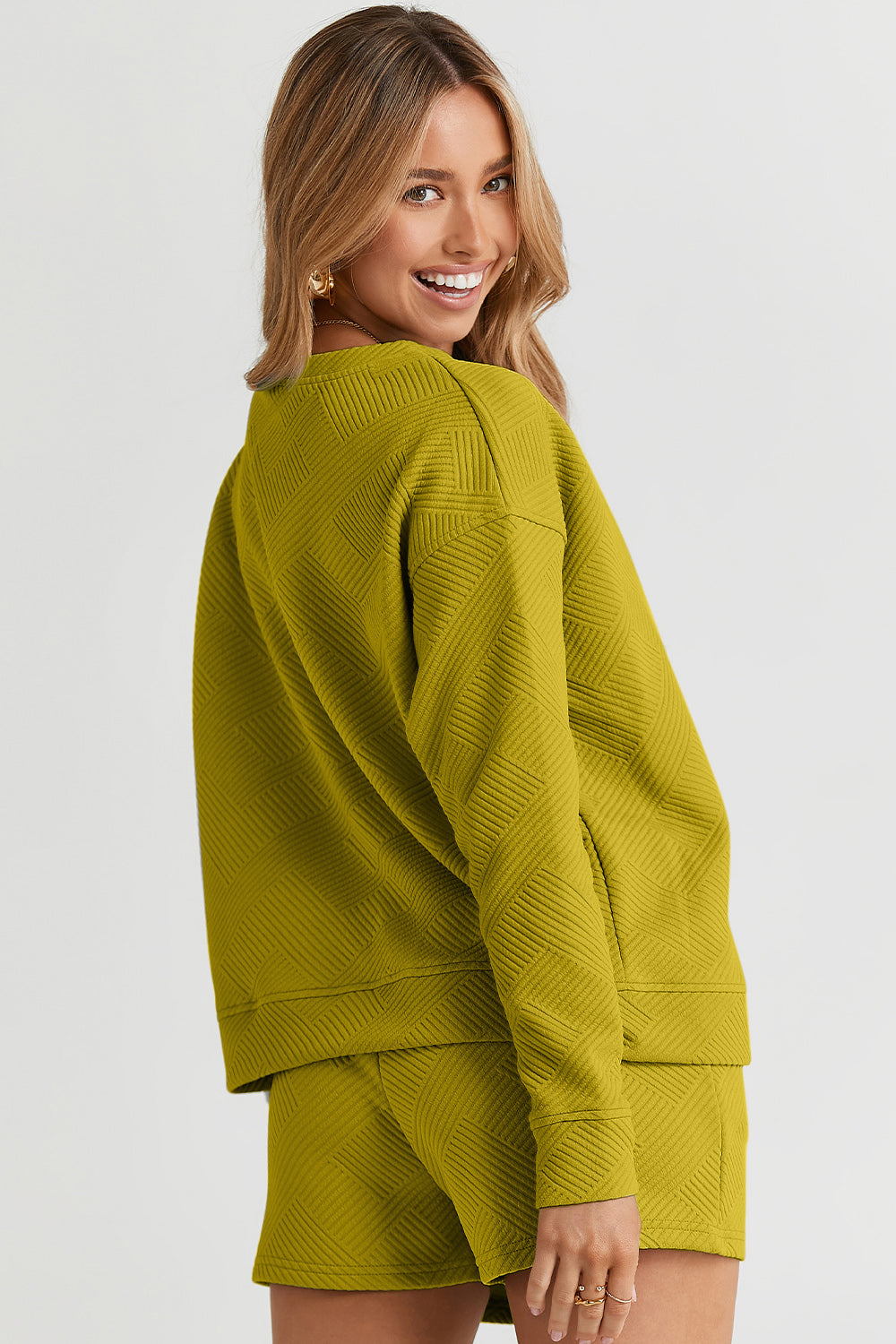Double Take Textured Long Sleeve Shorts Set