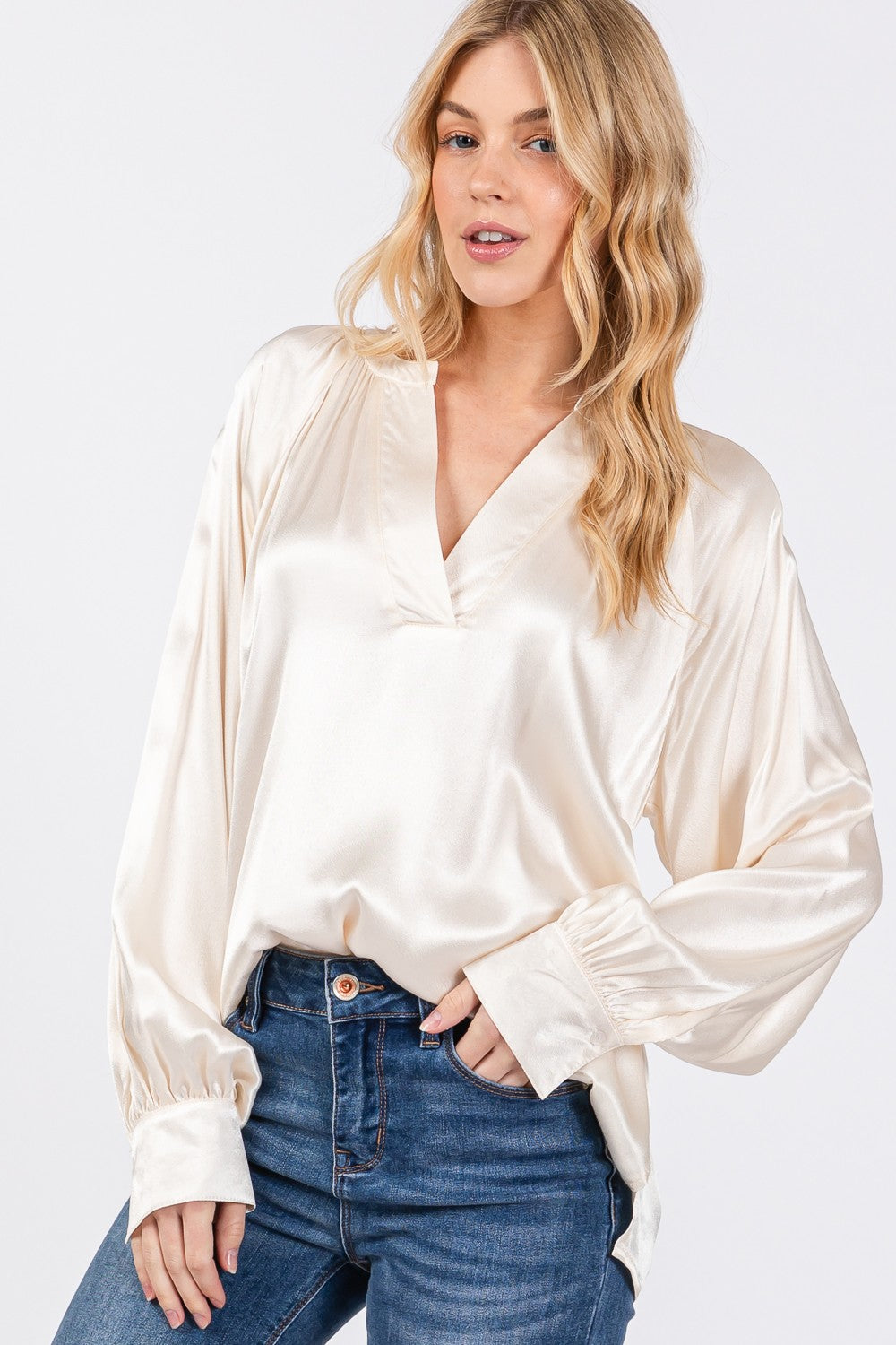 Notched Long Sleeve Satin Blouse