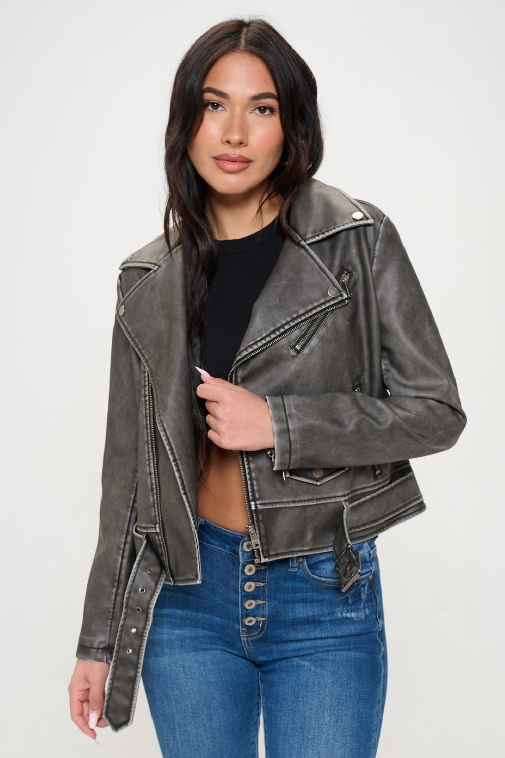 Zip Up Biker Jacket with Belt