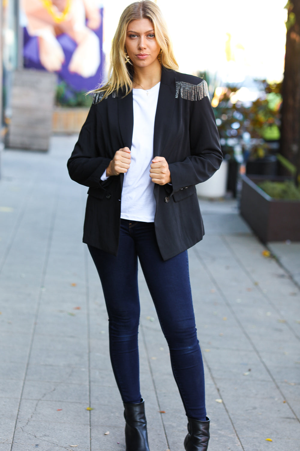 Ready Black Shoulder Tassel Fringe Blazer