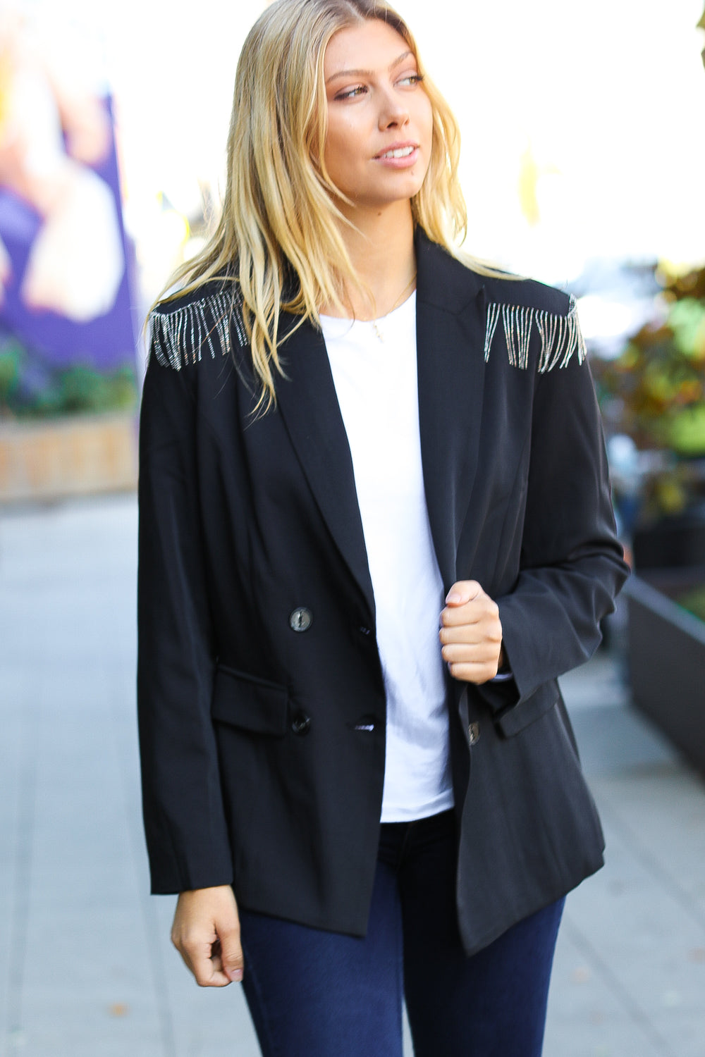 Ready Black Shoulder Tassel Fringe Blazer