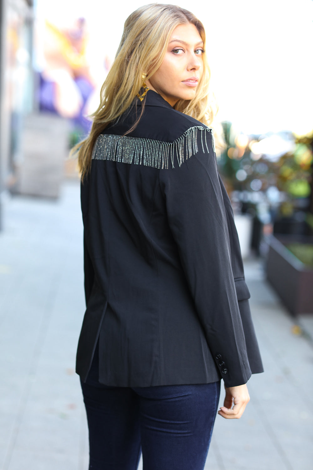 Ready Black Shoulder Tassel Fringe Blazer