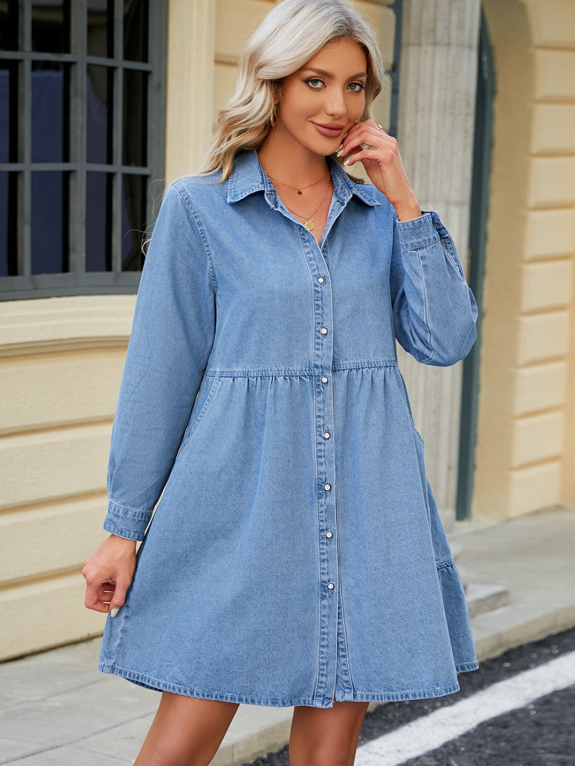 The Sharlene Button Up Long Sleeve Denim Dress