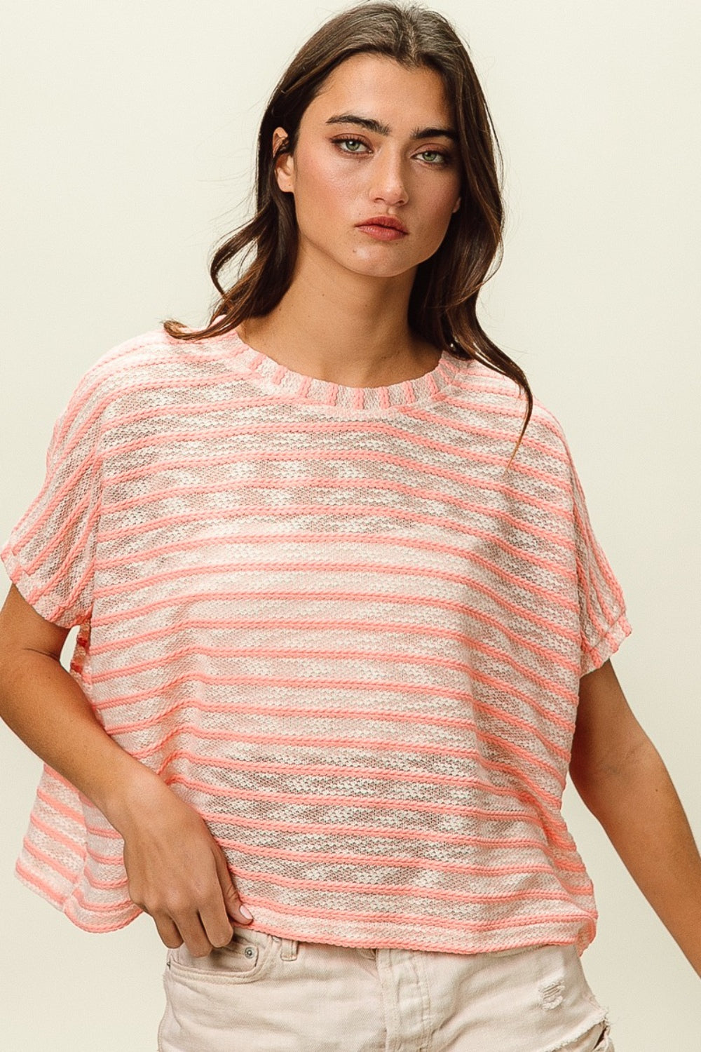 Braided Striped Short Sleeve Round Neck T-Shirt