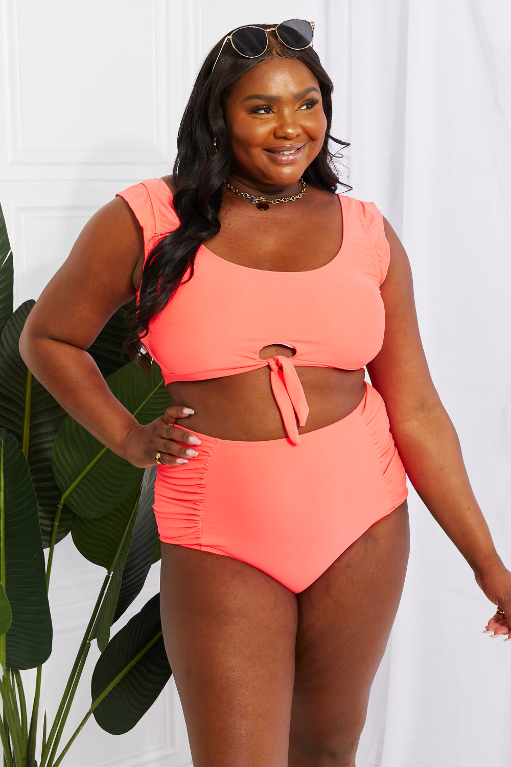 Coral High Waisted Ruched Two Piece