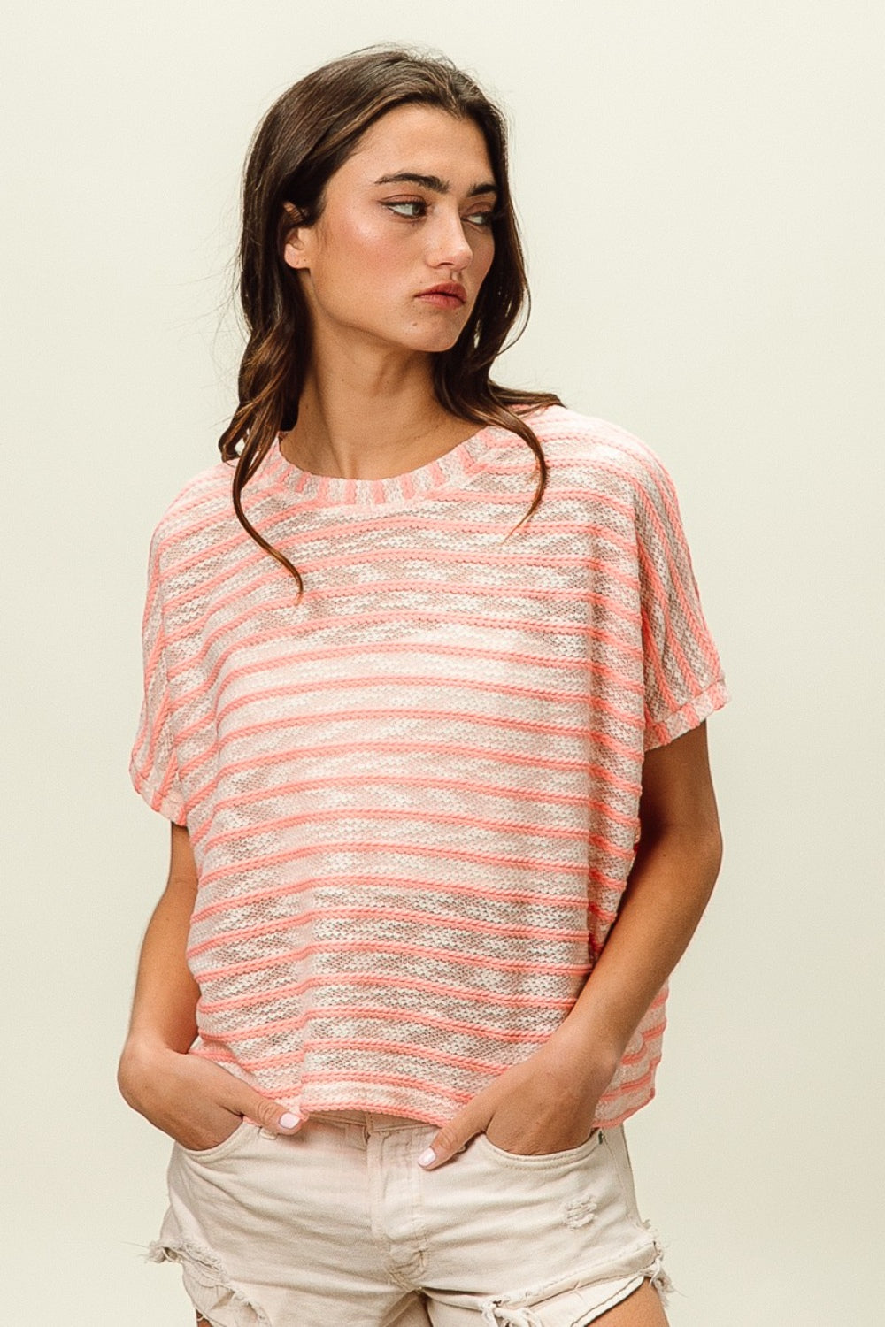 Braided Striped Short Sleeve Round Neck T-Shirt