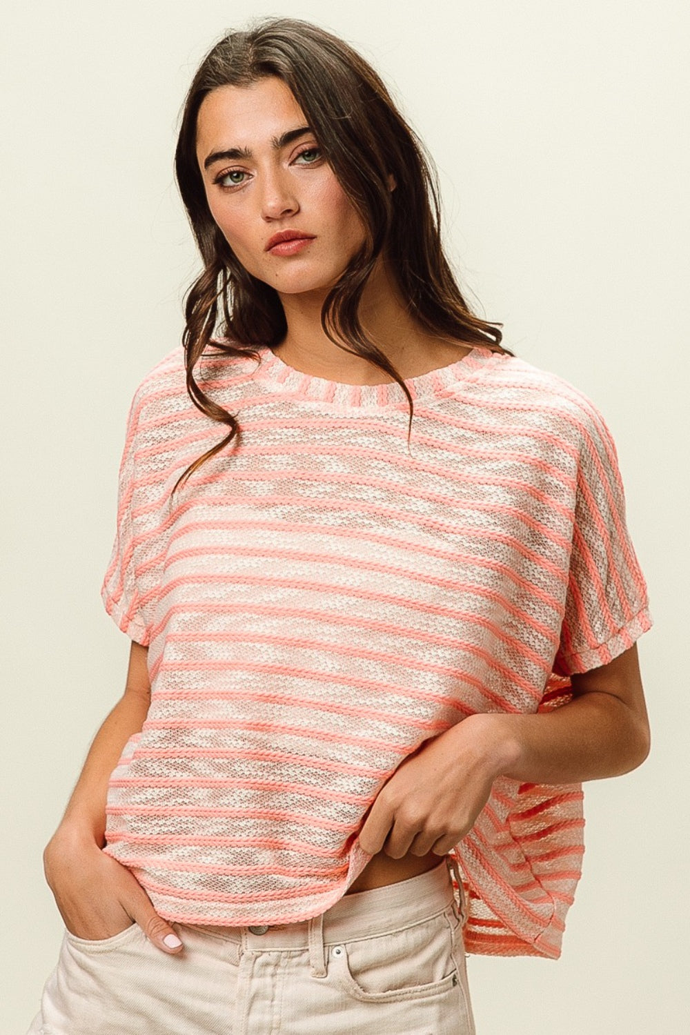 Braided Striped Short Sleeve Round Neck T-Shirt