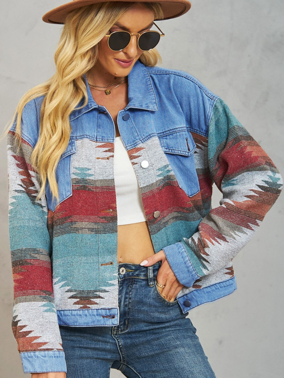 Geometric Button Up Denim Jacket