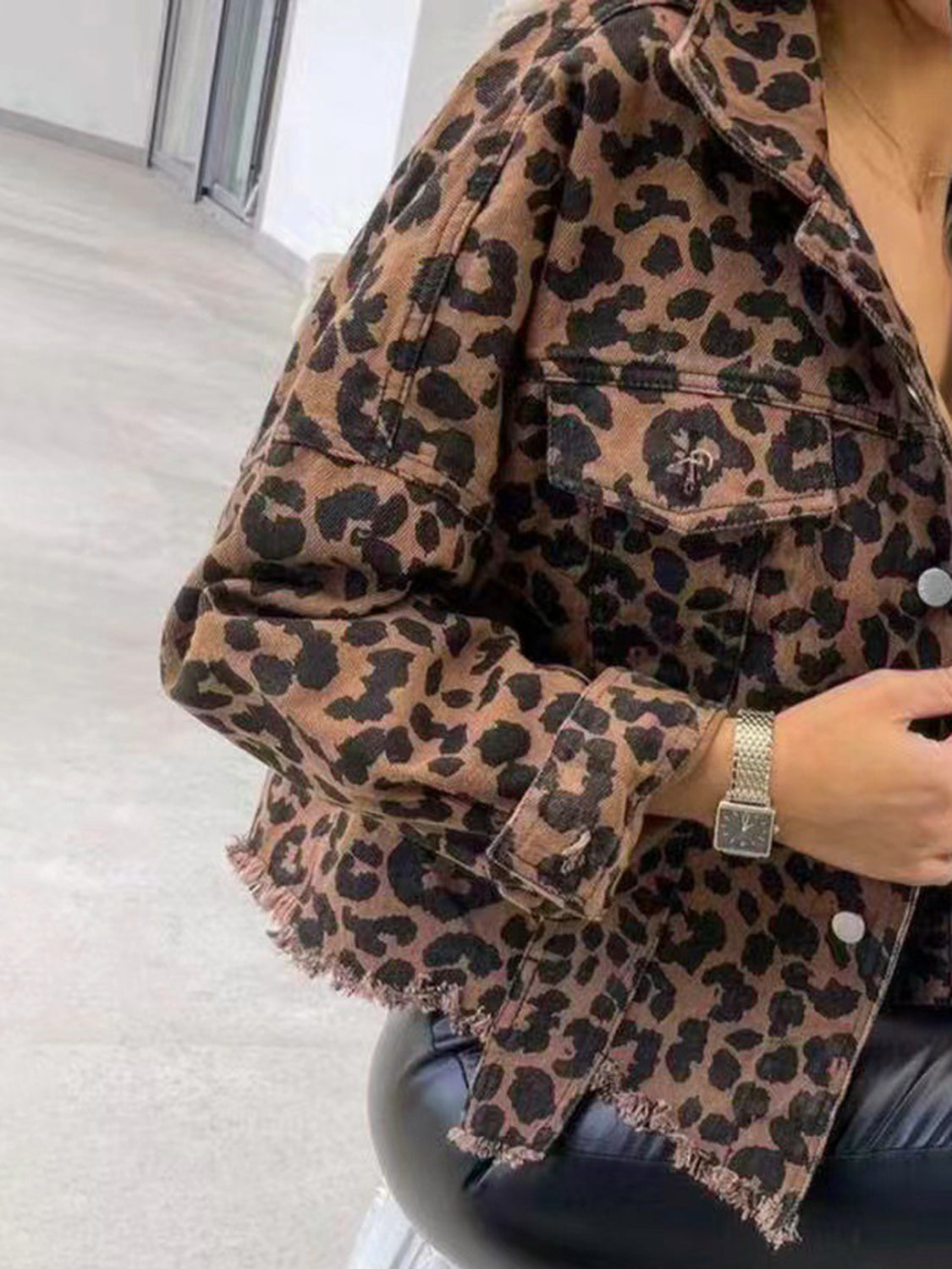 Raw Hem Leopard Denim Jacket