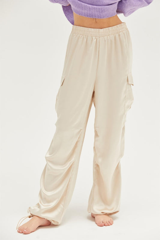 The Liora Satin Drawstring Hem Cargo Pants