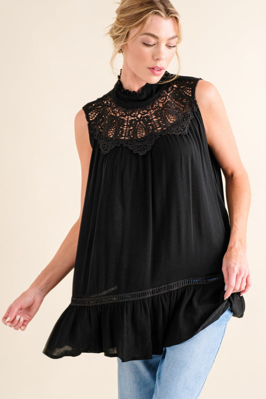 Lace Detail Sleeveless Ruffled Top